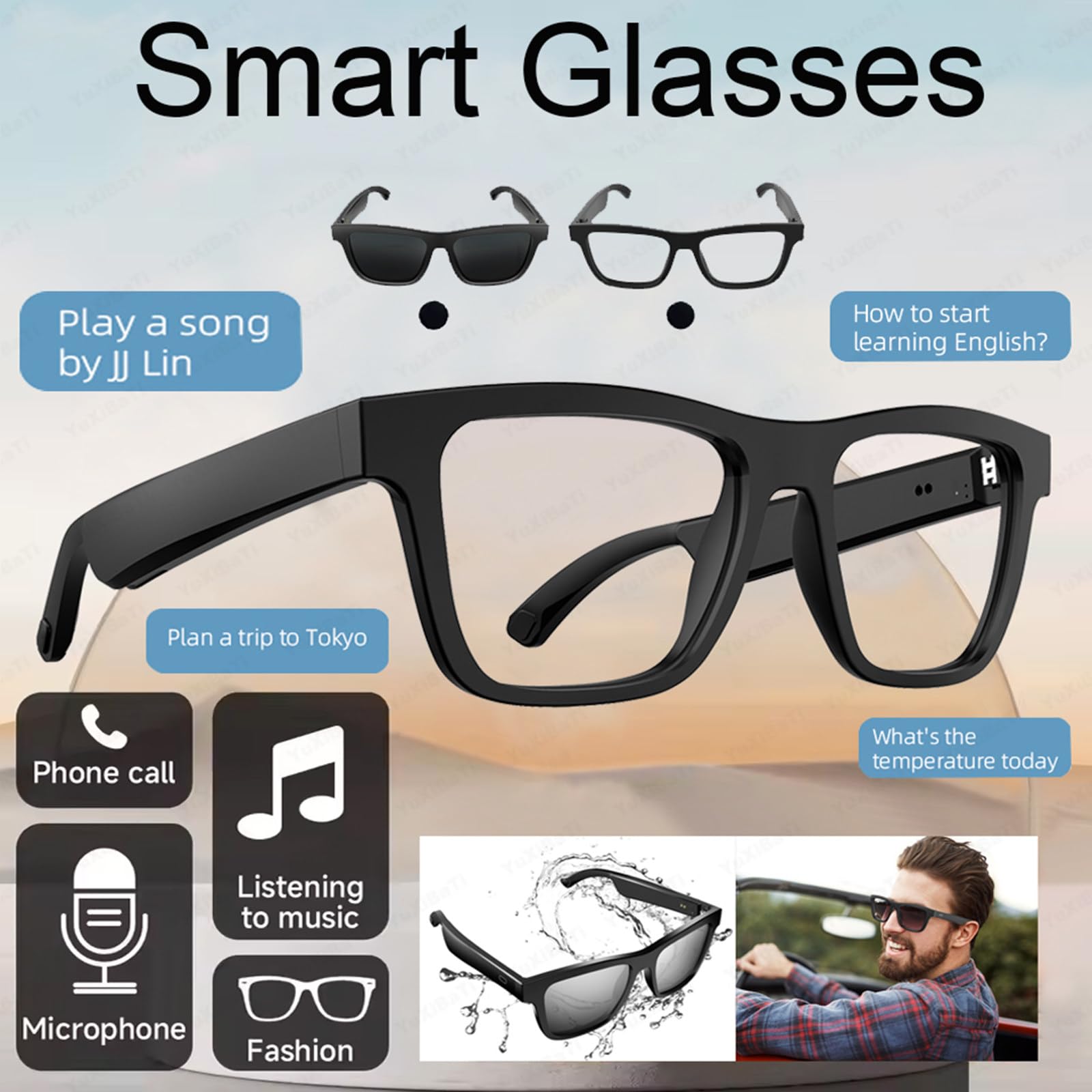 Lunettes Bluetooth intelligentes, Conversation IA, Traduction en Temps réel, Audio Bluetooth, Assistant Vocal de réveil, Lunettes de Traduction IA, pour Voyages, Affaires et études,B