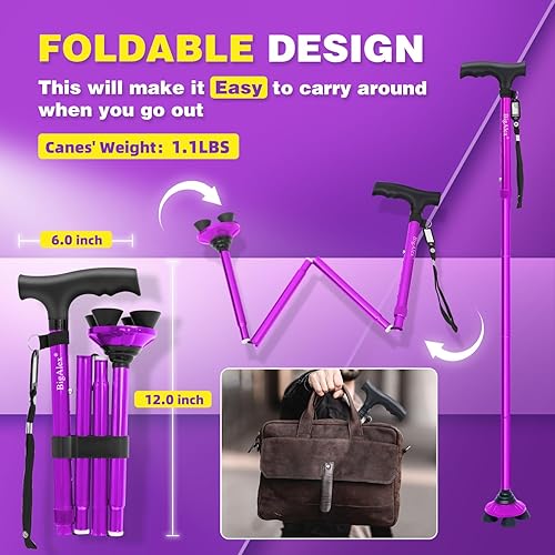 Miniatura 5 de BigAlex Bastón plegable para ancianos ajustable y portátil para personas mayores, base cuádruple giratoria, ligero, plegable con bolsa de transporte
