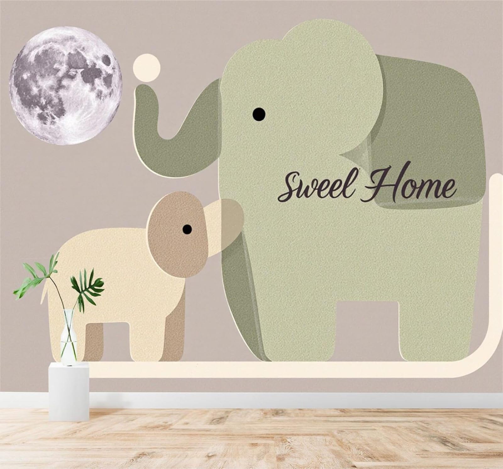 Xlming 400Cm×280Cm(B×H) Cute Elephant Moon Minimalist Art 3D Wallpaper Silky Texture Home Study Office Grey Dining Room Sofa Bedroom Living Room Tv Backdrop-400Cm×280Cm