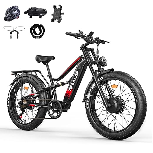 Lohang Vélo électrique pour Adultes, VTT 26 Pouces, Batterie 52 V 19/21 Ah, autonomie jusqu'à 40-90 km, Moteur Unique/Double, Double amortisseurs, 7 Vitesses, vélo électrique de Plage et de Neige