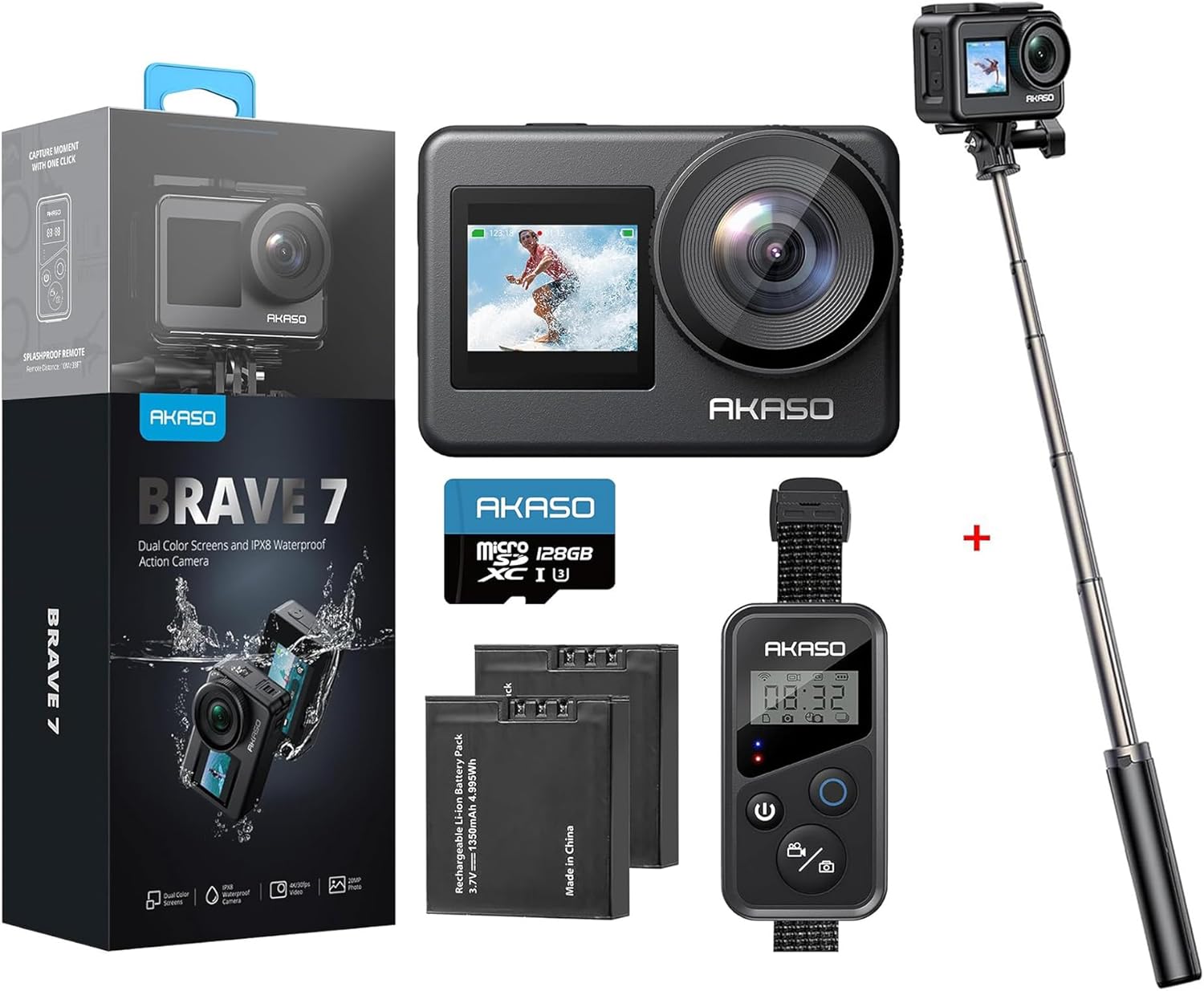AKASO Brave 7 Action Camera 4K30FPS 20MP with 128GB U3 MicroSDXC Memory Card, Touch Screen IPX8 33FT EIS 2.0 Zoom Camera with 60cm Selfie Stick Tripod Stand Bundle