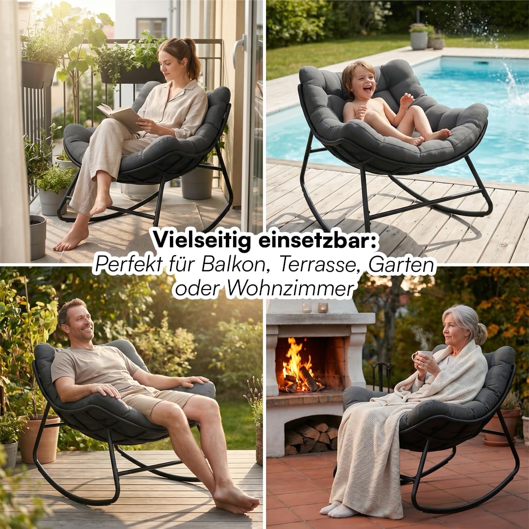 STEELSØN Veldora Schaukelstuhl – XXL Schaukelsessel outdoor/indoor – ergonomischer Gartensessel gepolstert - handgeflochtener Polyrattan - Loungesessel wetterfest & rutschfest – bis 125 kg - anthrazit