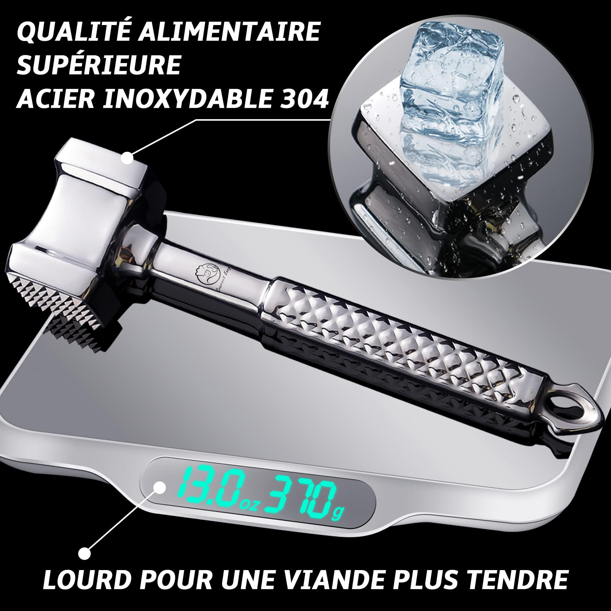 Attendrisseur de viande en inox - Marteau à viande double face professionnel - Gourmet Easy