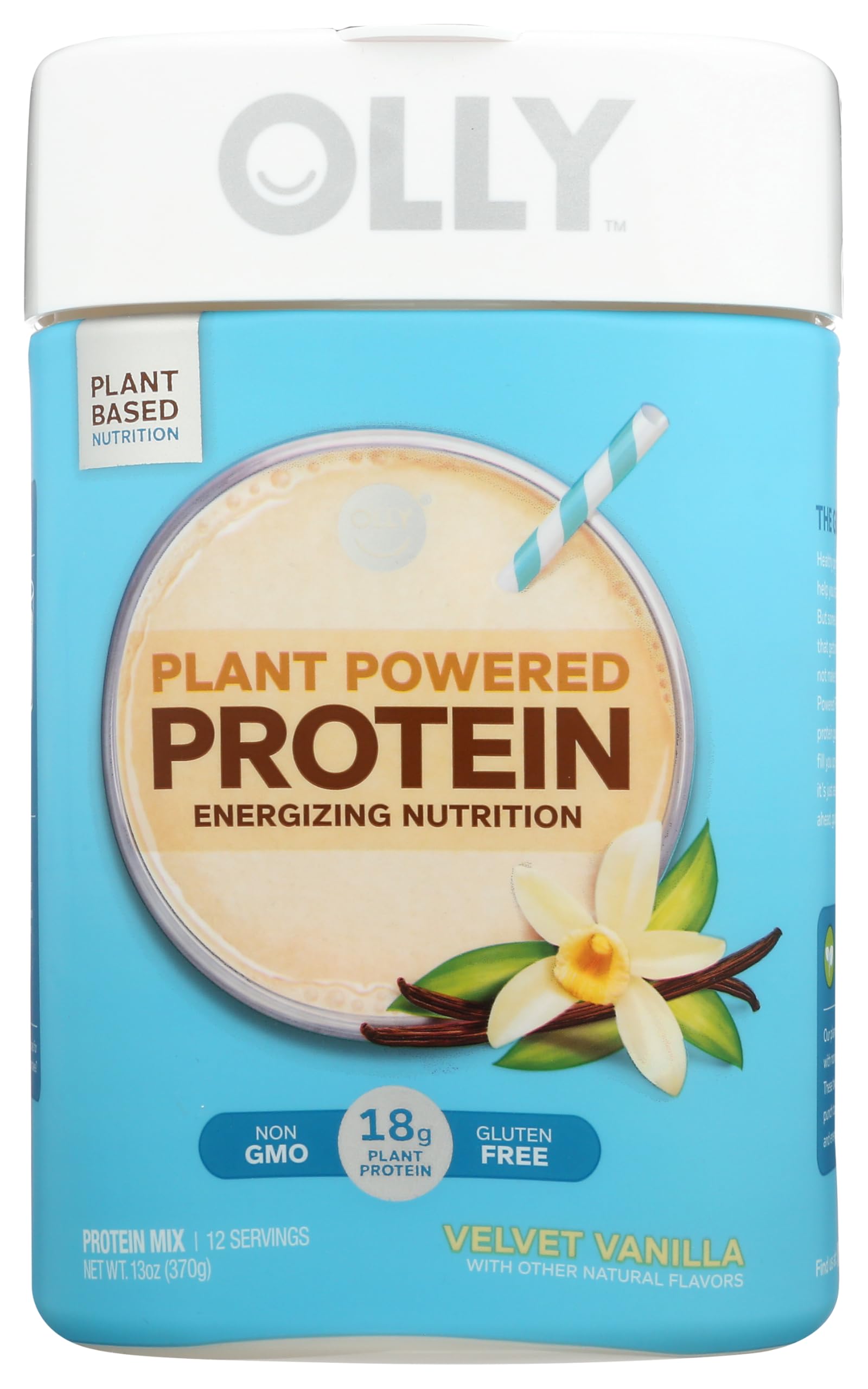 OLLY Plant Powered Protein, 18g Plant Protein, Protein Powder, Vegan, Gluten Free, Non GMO, Vanilla, 12 Day Supply - 13 Ounces