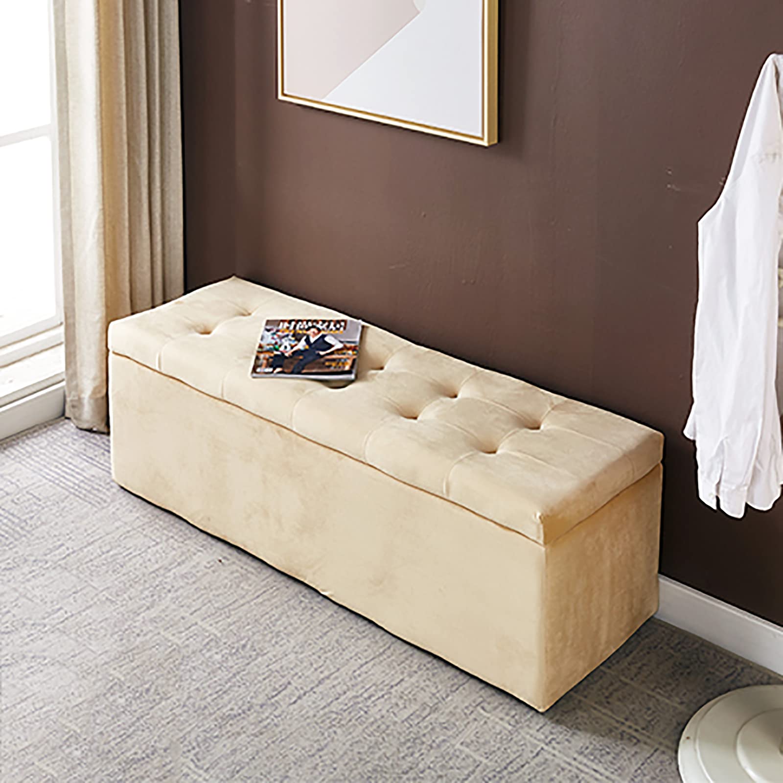 Banc repose-pieds en velours champagne de 100 cm de long pour chambre et salon