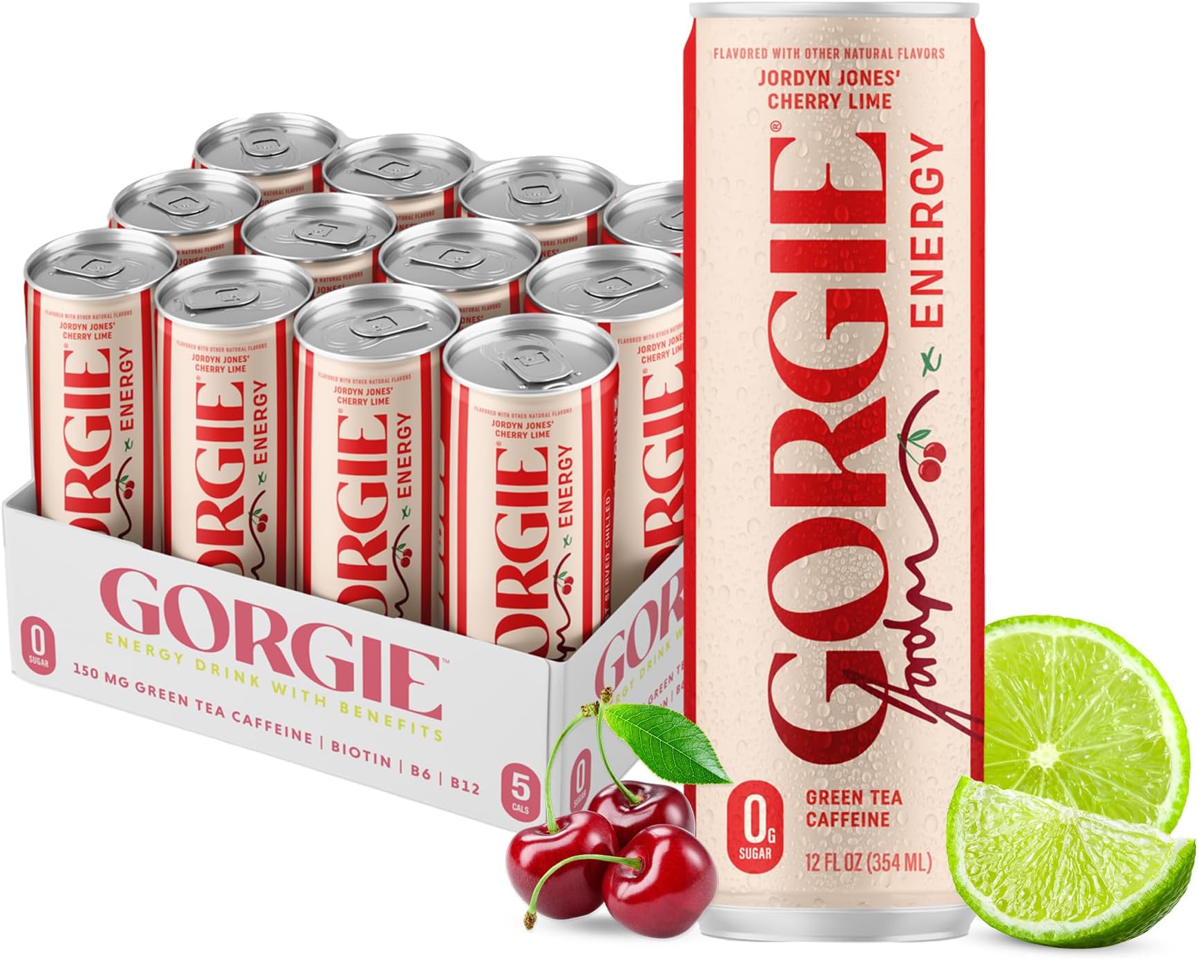 - Jordyn Jones Cherry Lime, Sugar-Free Natural Energy Drink Sparkling, Healthy Energy Drinks - Green Tea, Biotin, B Vitamins -150mg Caffeine, Vegan, & Low Calorie (Pack of 12)