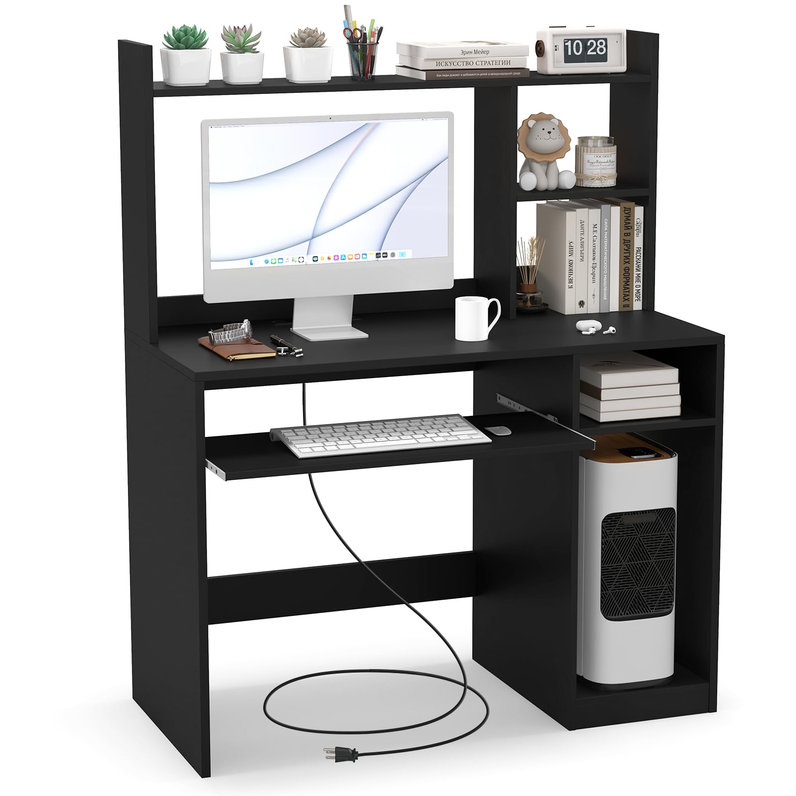 IFANNY Computer Desk with Hutch, Wood PC Table w/Power Outlet, Keyboard Tray and CPU Stand, Modern Writing Desk with Bookshelf for Bedroom, Simple