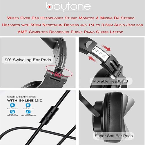 Miniatura 6 de Boytone BT-10RD - Auriculares con cable sobre la oreja, monitor de estudio y mezcla de auriculares estéreo para DJ con controladores de 1.969 in y