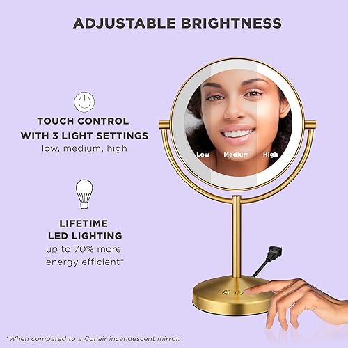 Miniatura 2 de Conair Espejo de maquillaje iluminado, espejo de tocador LED, espejo de aumento 1X10x, con cable en acabado de latón cepillado