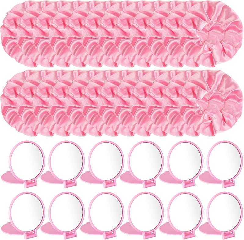 Conjunto Norme com 24 espelhos compactos dobráveis e 24 elásticos de cabelo rosa, 48 unidades