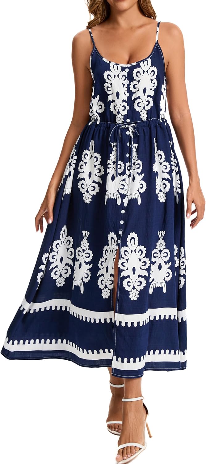 Kormei Women Summer Beach Dress Casual Boho Floral Sundress Spaghetti Strap Flowy Maxi Dresses with Pockets - Image 3