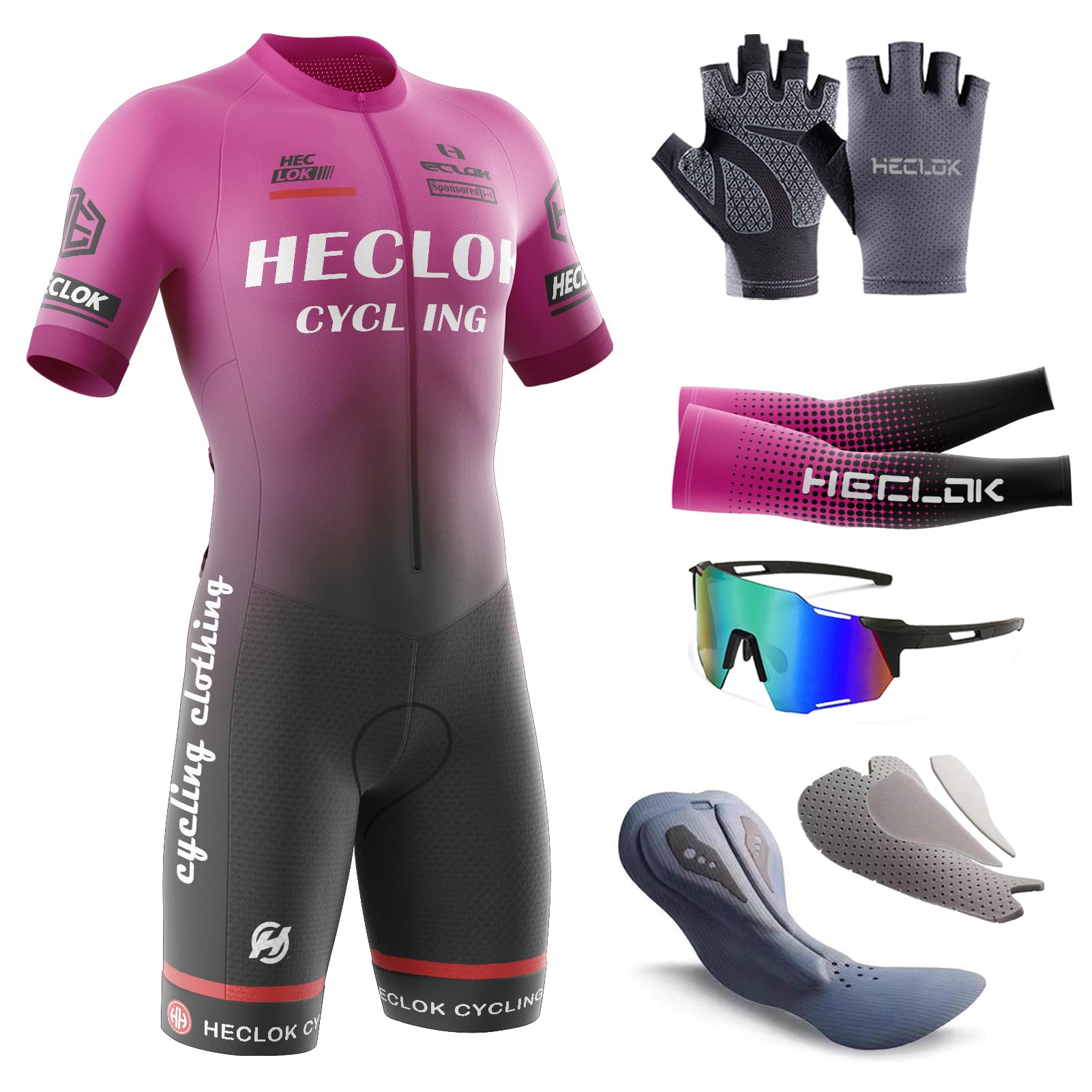 HECLOK Men's Cycling Skinsuit，One Piece Trisuit Bike Jumpsuit,Competition-Grade Handmade high-Density Sponge Padded，MTB Triathlon，Quick Dry Triathlon Suit，Short Sleeve One Piece Bodysuit (TYP-11,S)