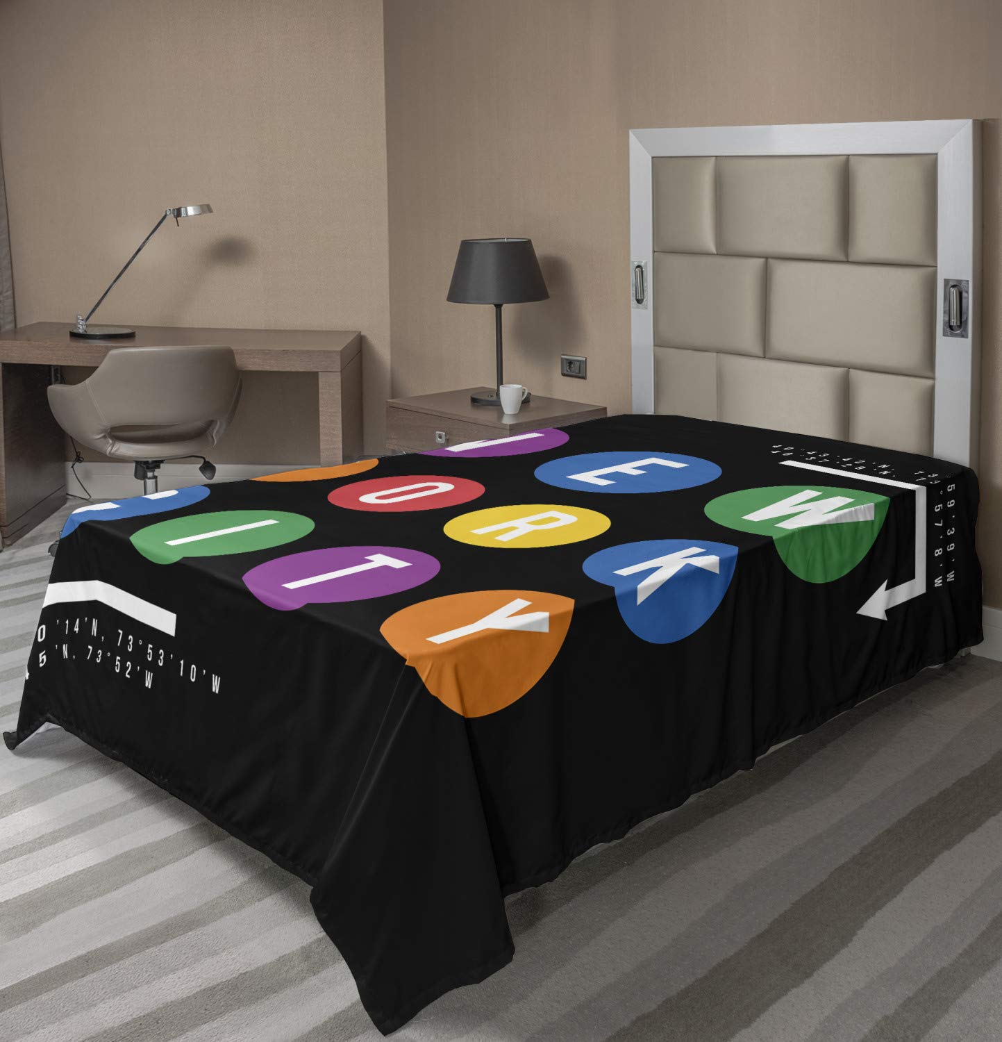 Lunarable NYC Subway Flat Sheet, New York City Lettering Coordinates Typography Design on Dark Background, Soft Comfortable Top Sheet Decorative Bedding 1 Piece, Twin Size, Multicolor