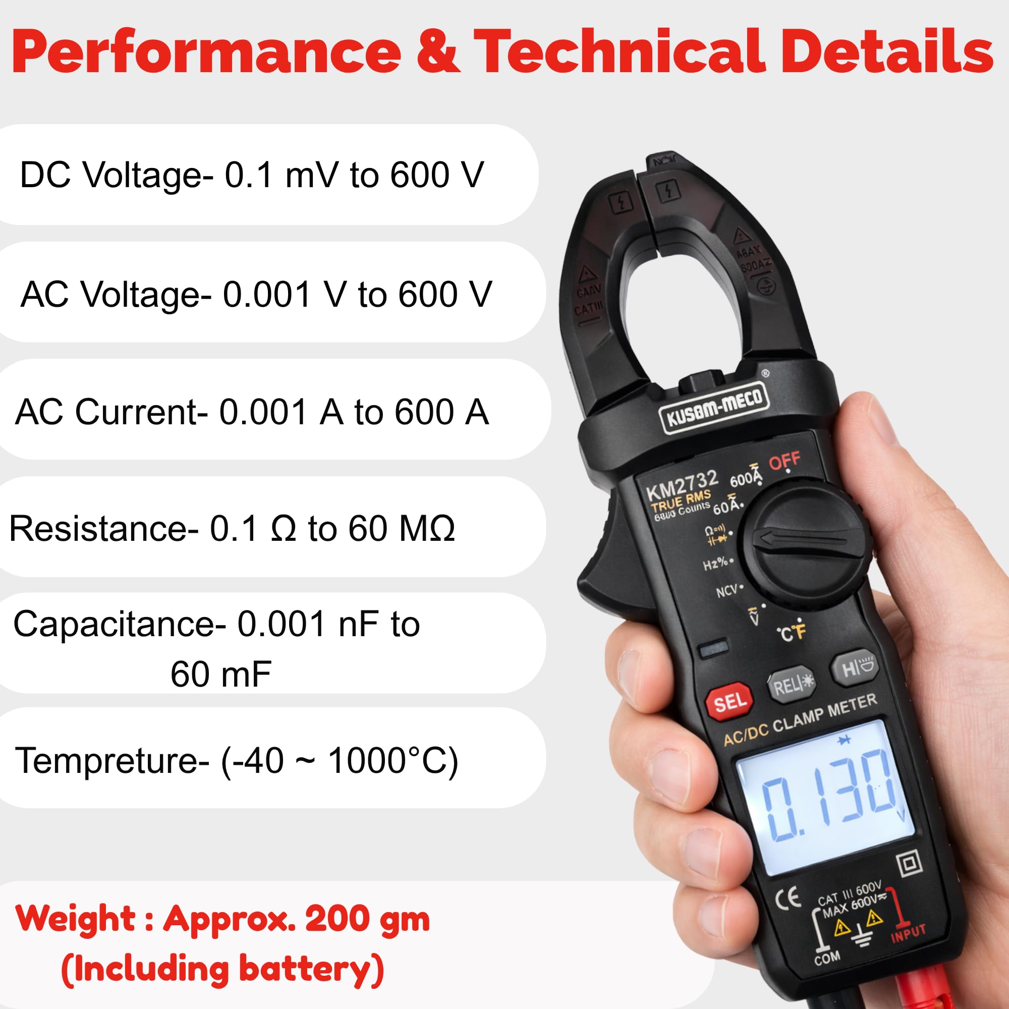 Kusam Meco KM 2732 600A AC/DC TRMS Digital Clamp Meter with Temperature, Capacitance & Frequency Measurement | 6000 Counts Backlit LCD | CAT III 600V Electrician Multimeter with Test Leads & Case 1