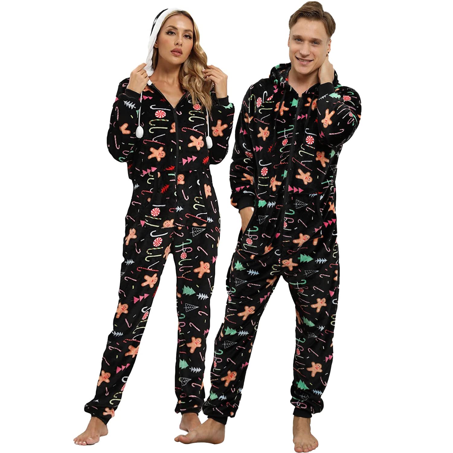 Pijama Navidad Pareja con Capucha Cálido Franela Polar Cremallera Una Pieza Otoño Invierno Primavera Adulto Ropa Mono Pijamas Entero con Bolsillos