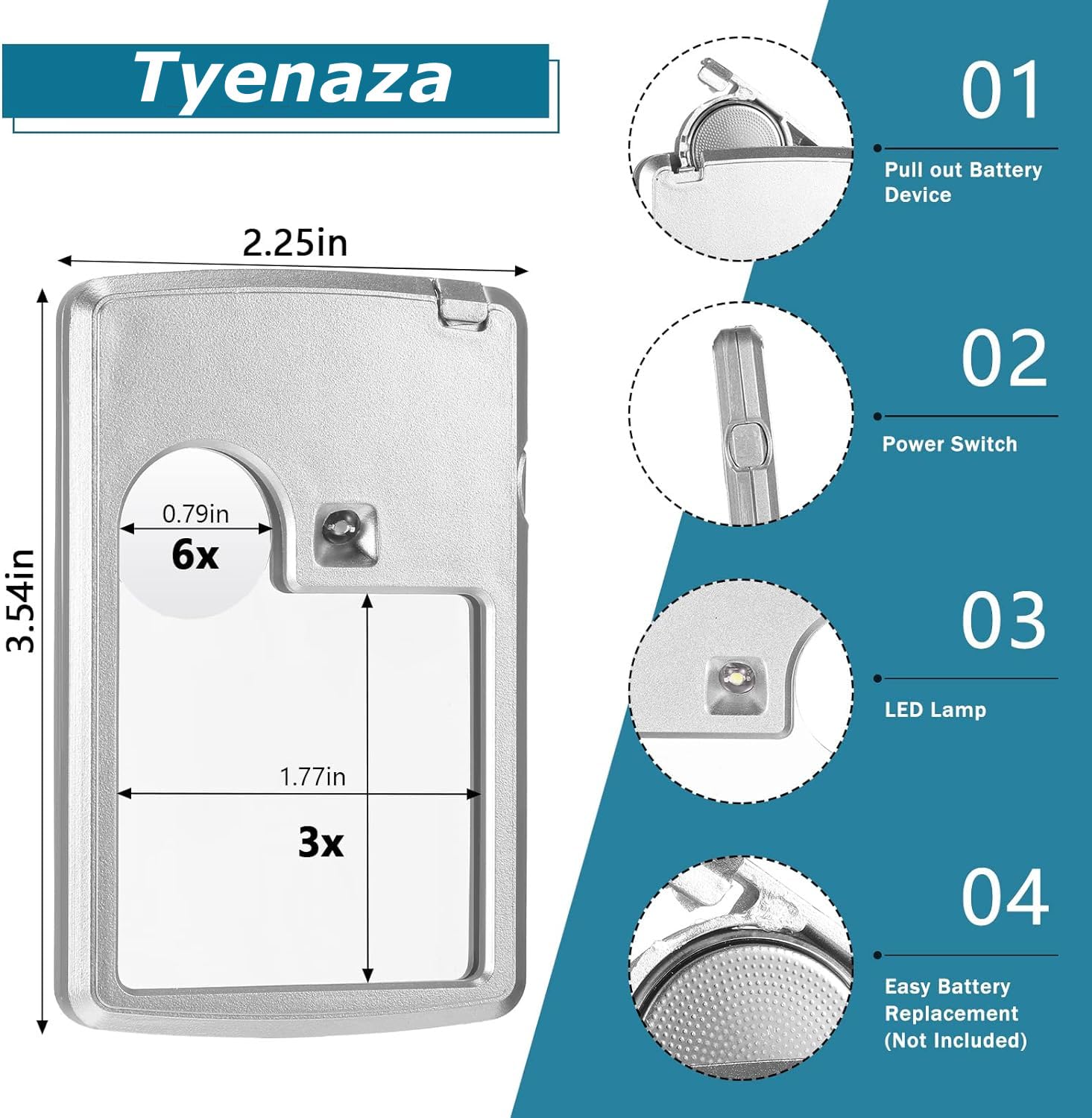 Tyenaza Pocket Magnifier with LED Light, 4B-3 3X 6X Credit Card Magnifier - Image 2