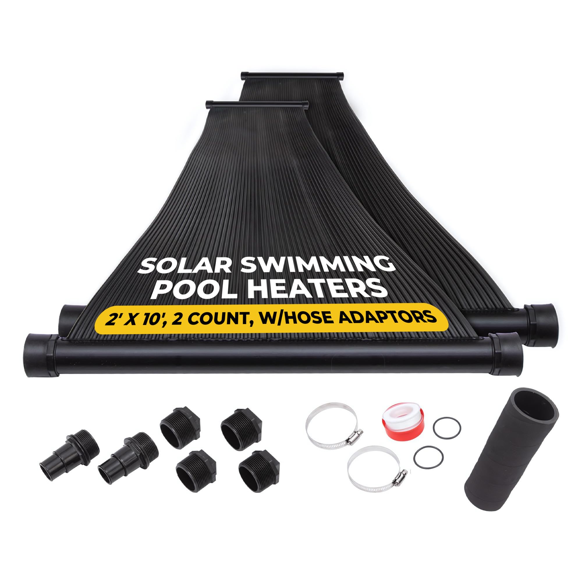 SunQuest Solar Pool Heater Panels - 2 (2ft x 10ft) Collectors w/Hose Adaptors - Solar Water Heater for Above Ground & Inground Pools - DIY-Tube on Web Design Panel-Polypropylene UV Resistant