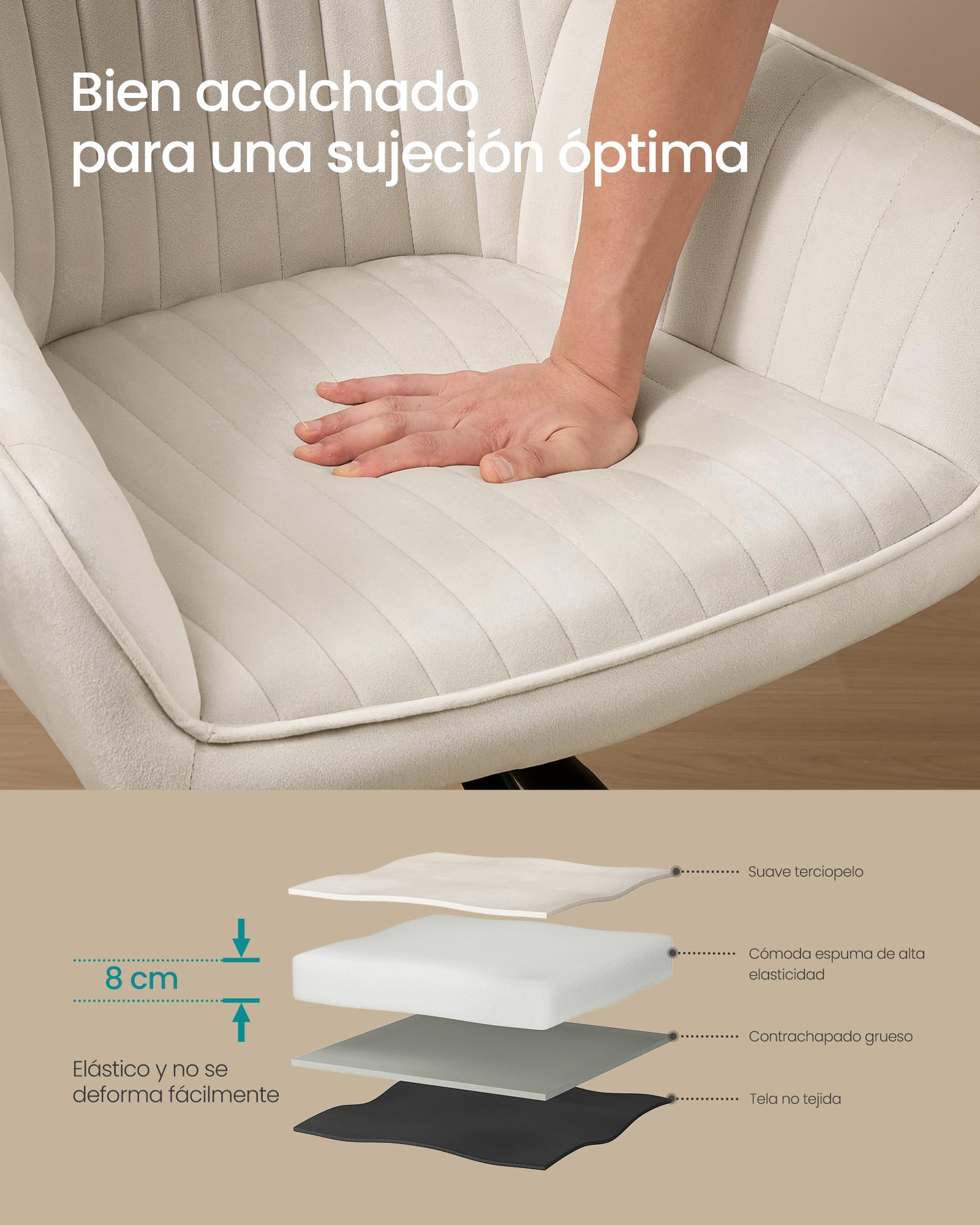 SONGMICS Silla de Comedor, Sillón Giratorio, Terciopelo, Tapizado con Reposabrazos, Capacidad de Carga 120 kg, Patas de Acero, para Comedor, Cocina, Beige Capuchino y Negro Tinta KDC161LH01