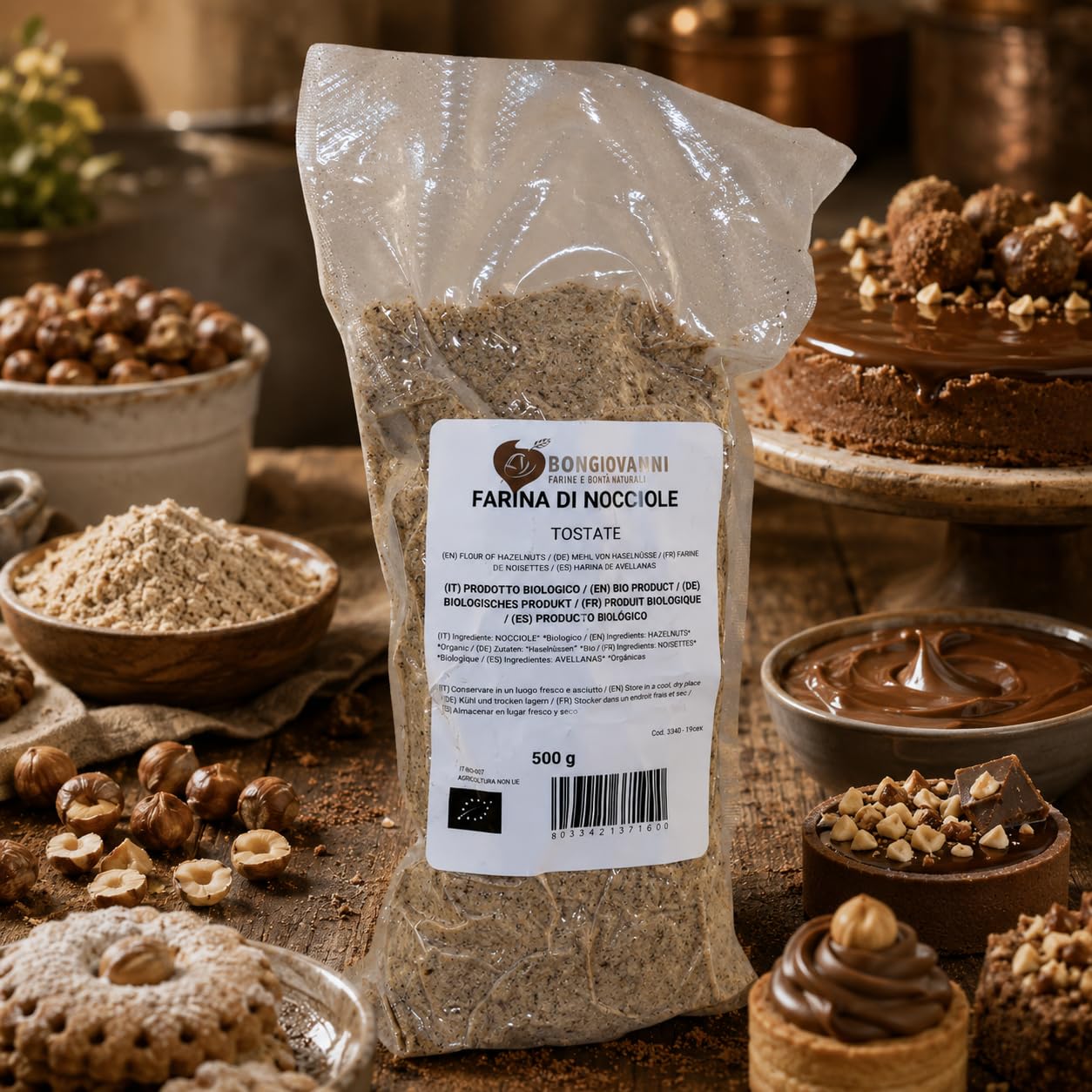 BONGIOVANNI FARINE E BONTA' NATURALI Farina di Nocciole tostate BIO, 500 grammo