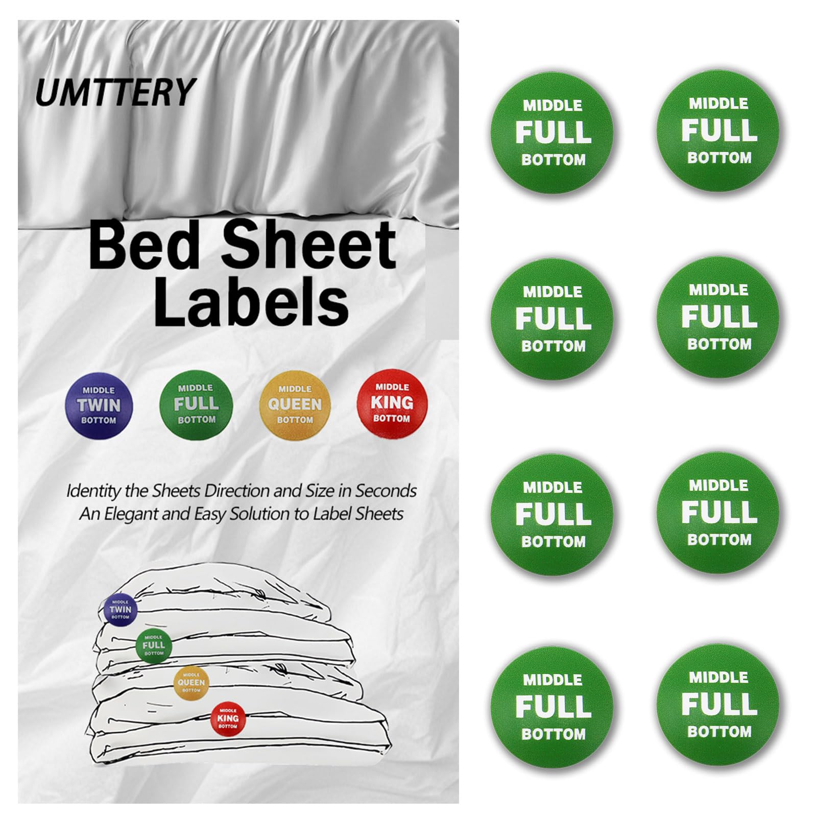 Umttery Bed Sheet Labels for Bedding,Identity The Sheets Direction and Size in Seconds, an Elegant and Easy Solution to Label Sheets, 8 Pack[Full]