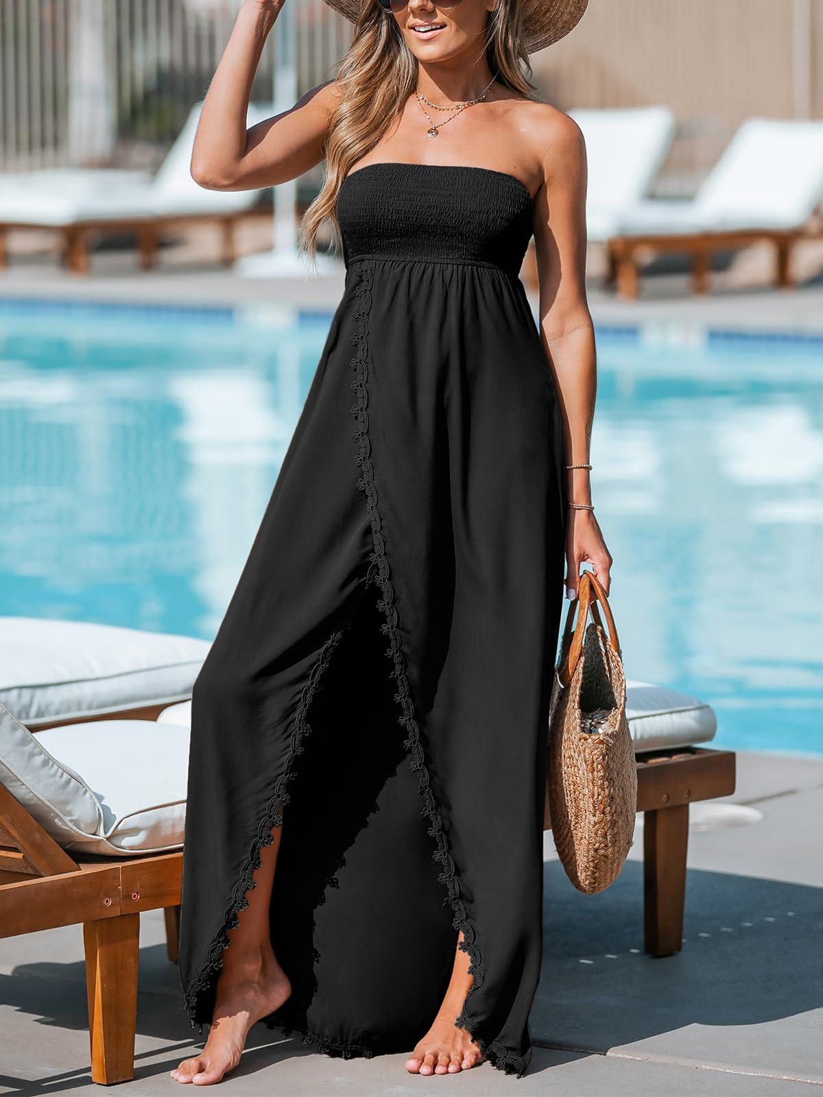 CUPSHE Robe longue d'été formelle sans manches en dentelle pour femme - Smocké - Fente sans bretelles