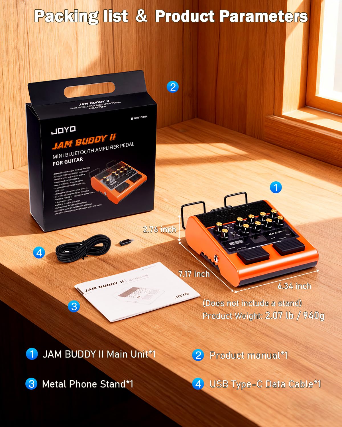 JOYO Amplificatore di allenamento per chitarra 10 W portatile con pedale multieffetti - registrazione OTG, Bluetooth, 14 modelli di amplificatore, EQ 3 bande, 36 ritmi & Looper (Jam Buddy II