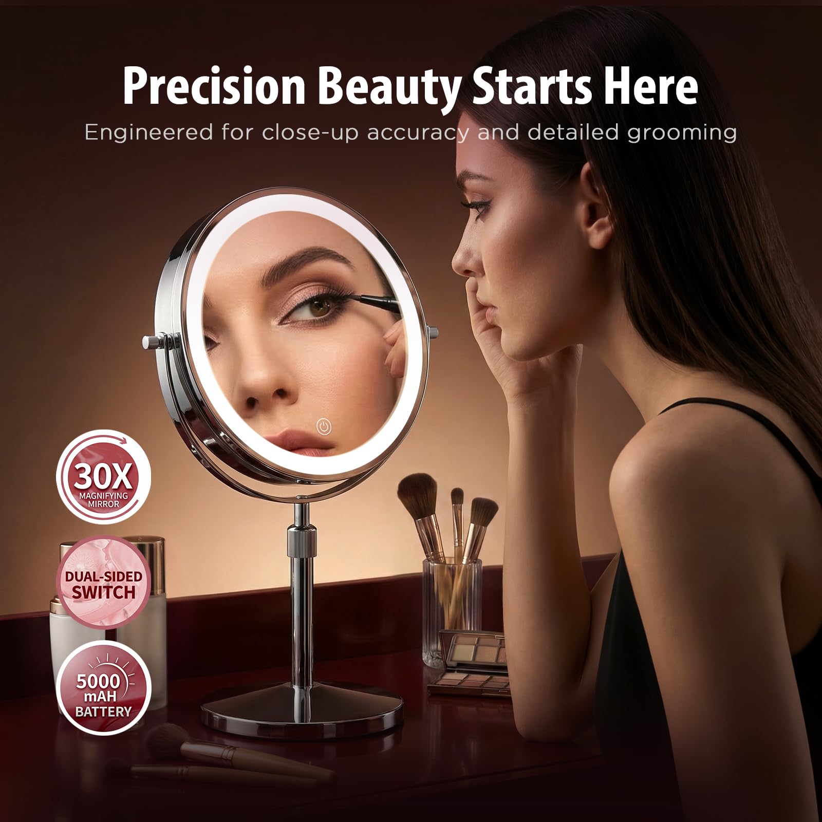 9-Inch Double-Sided LED Makeup Mirror, 1X/30X Magnification