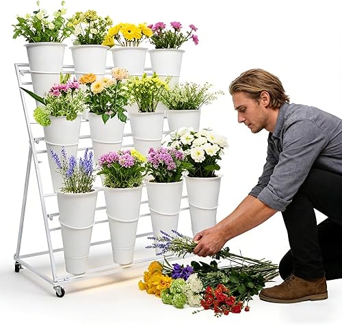 Soporte de exhibición de flores de 3 niveles con 12 cubos, carrito de plantas de flores de metal resistente con ruedas, barra de flores de gran