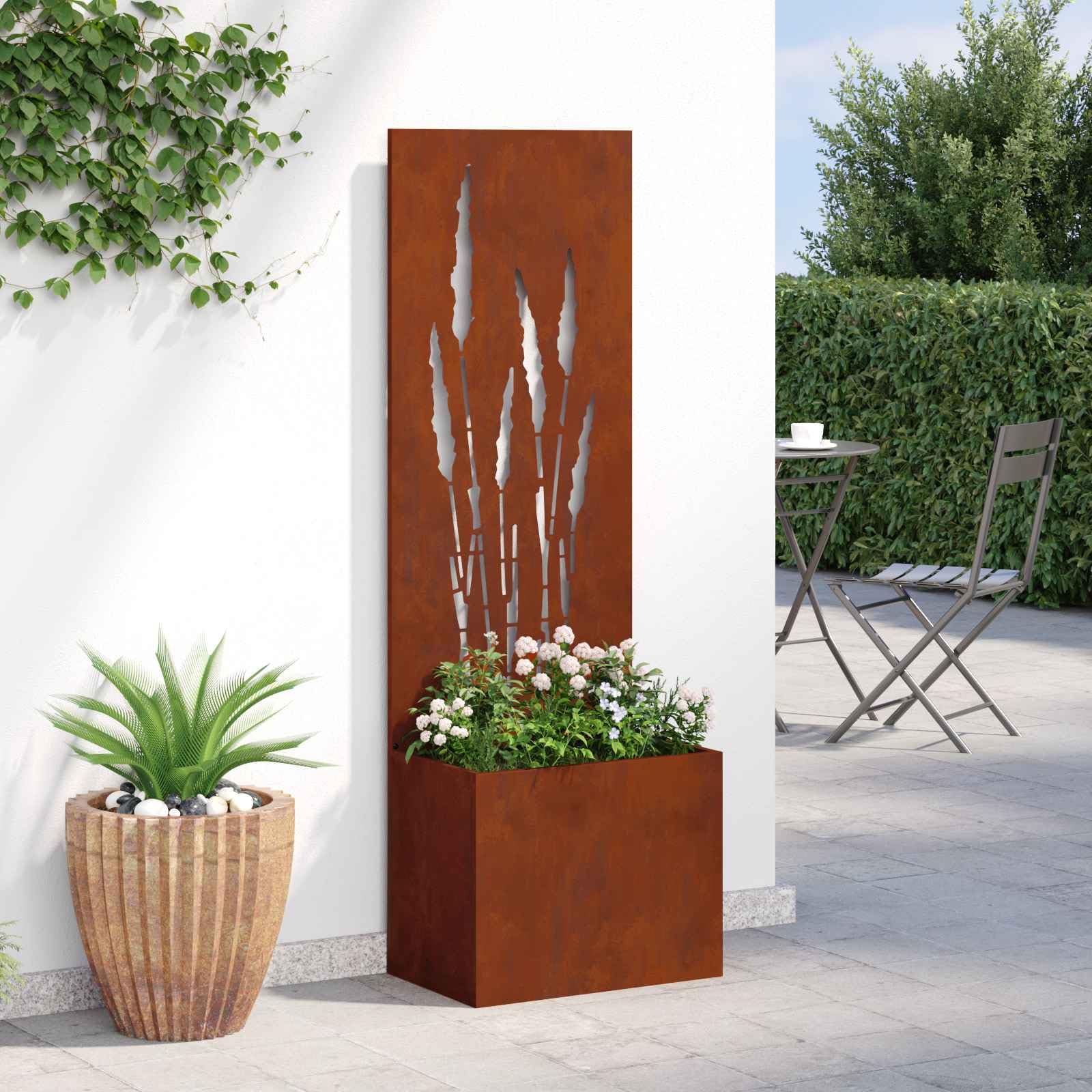Ogrodowa ochrona przed wzrokiem na płótnie ze stali odpornej na warunki atmosferyczne, 50 x 150 cm o zardzewiałym wyglądzie i dekoracyjnym inkrustowaniu na taras i do ogrodu, matowa