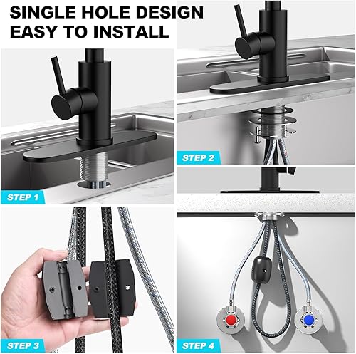 Miniatura 9 de Grifo de cocina con rociador extraíble, grifo de fregadero de cocina de acero inoxidable con un solo orificio con toque de cascada negra, grifos