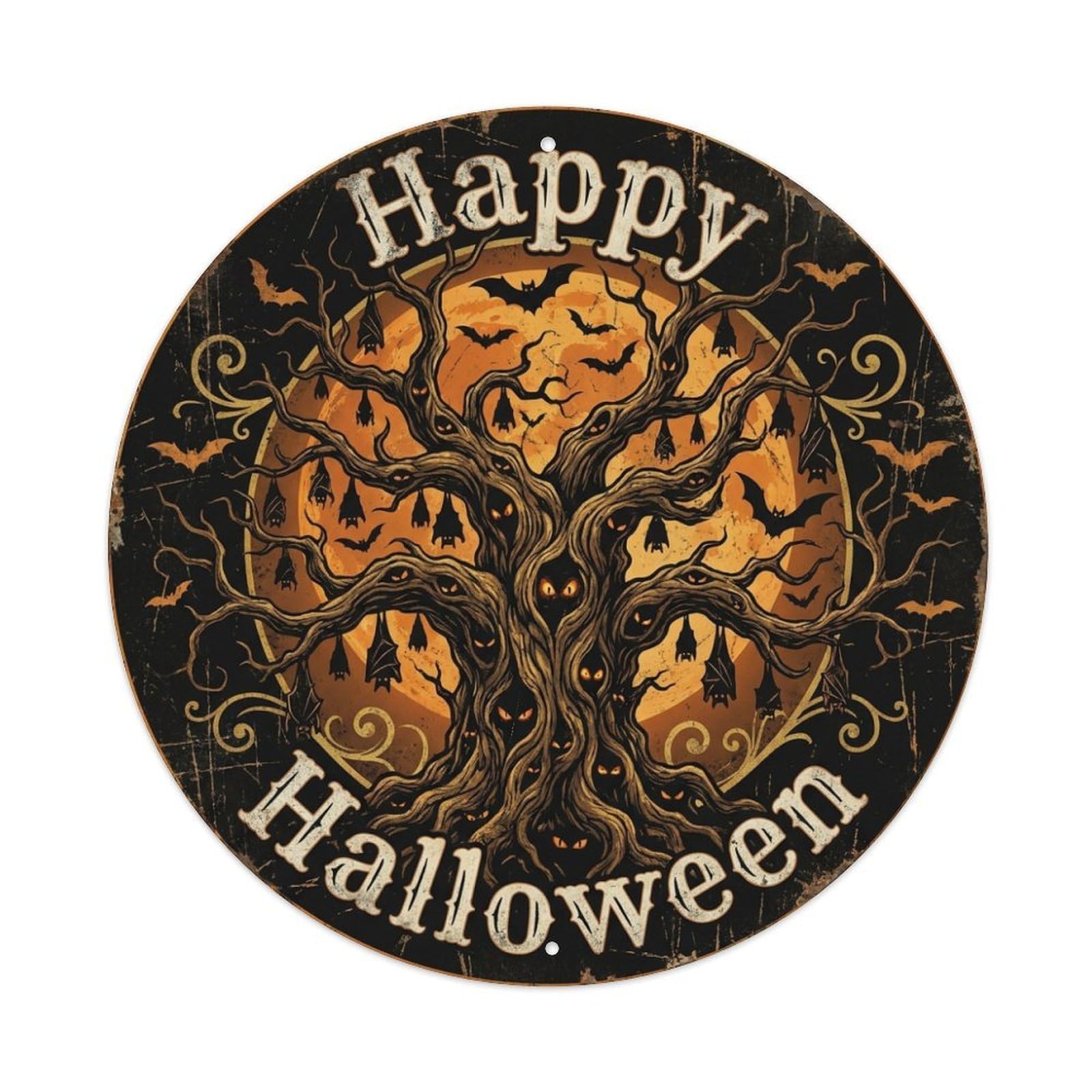 Haunted Tree Bats Happy Halloween Positive Saying Metal Tin Sign