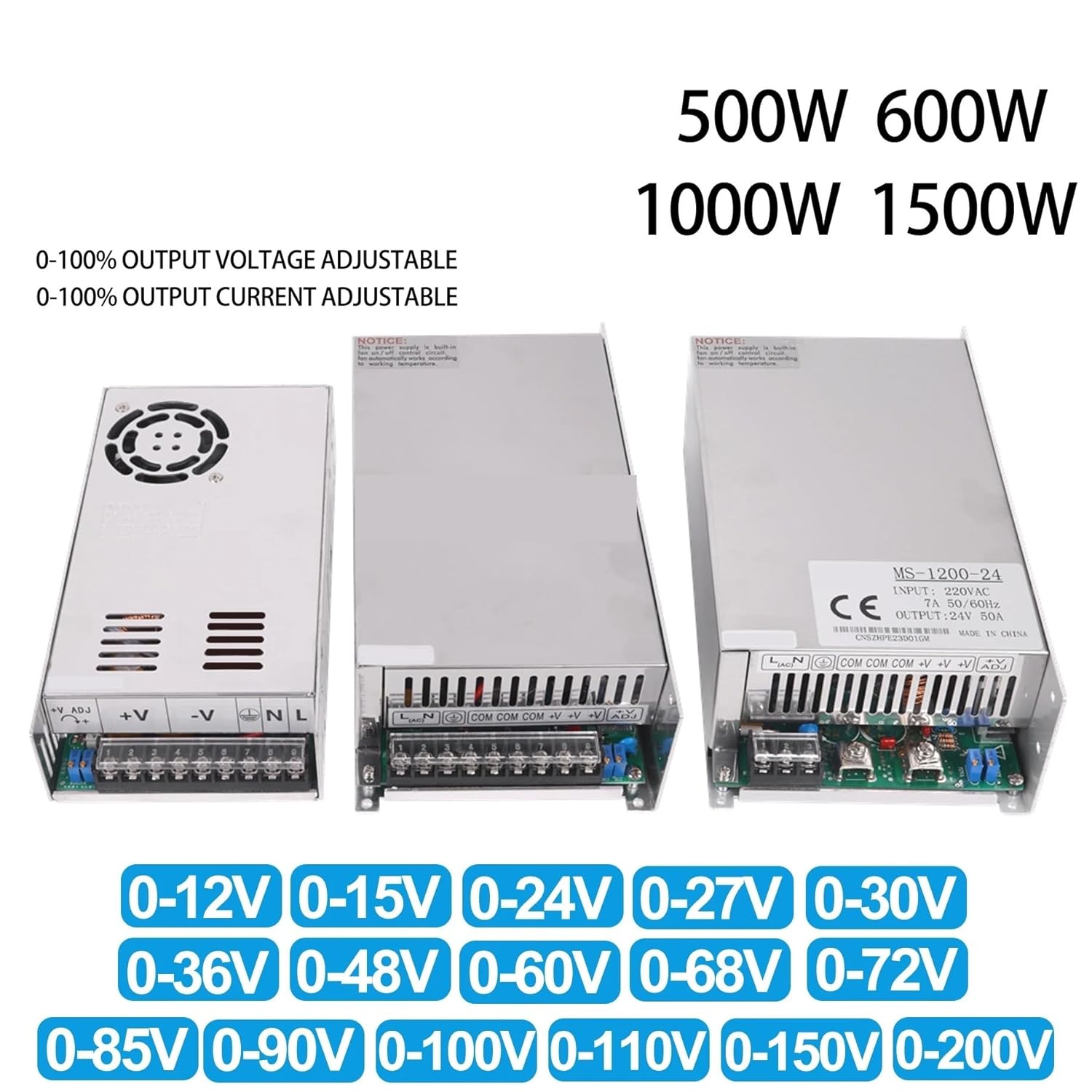 Adjustable 500W 600W 1000W 1500W Power Supply 0-12V 15V 24V 36V 48V 60V 72V 85V 90V 110V 150V 200V 110/220V Ac to Dc Smps(0-30V_500W)