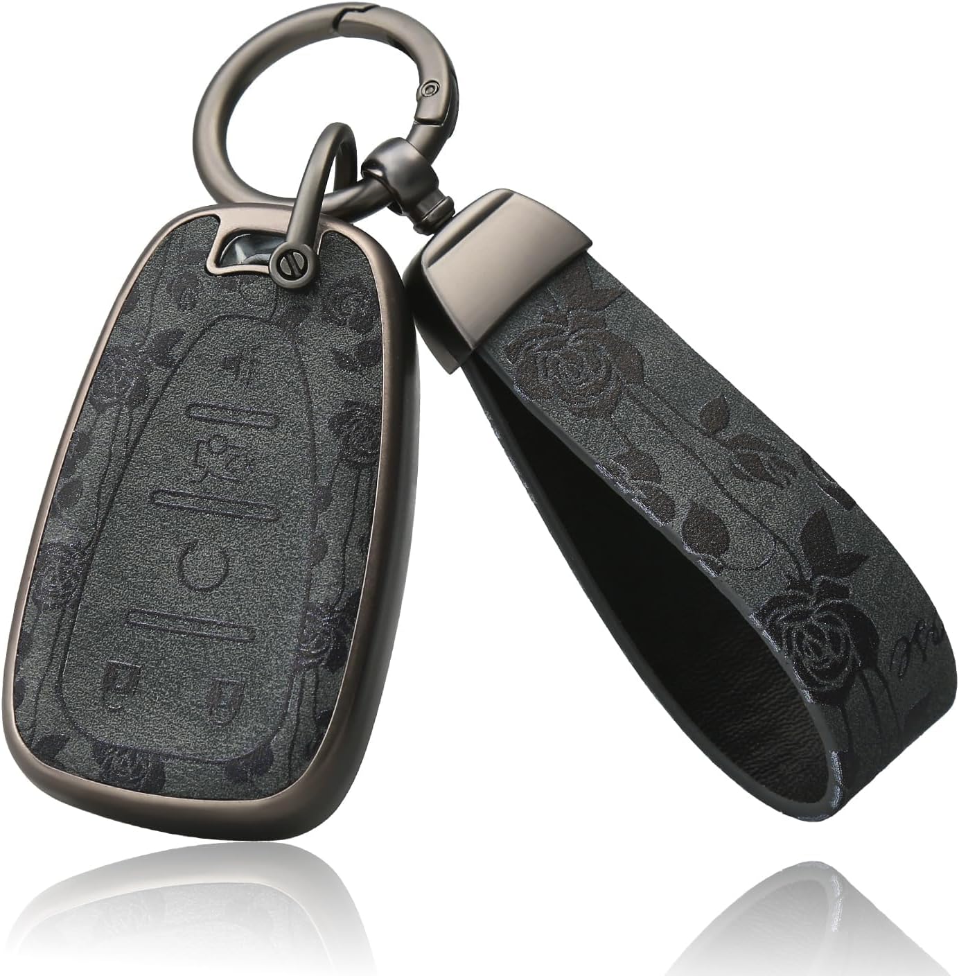 EnerCharge TPU and Leather Key Fob Cover, for Chevrolet Car Accessories,Remote Key Protector Compatible with 2021-2024 Tahoe Suburban Yukon Denali Silverado 5-Buttons (Black Rose)