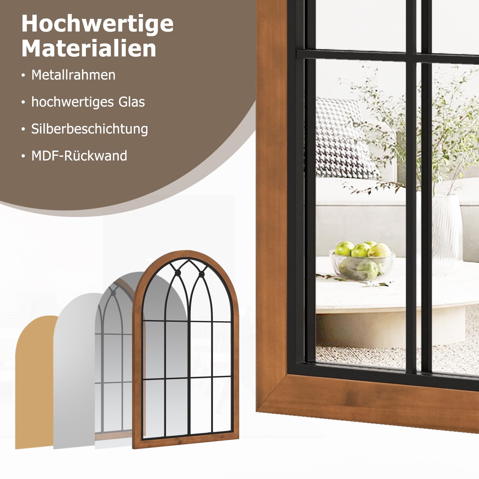 GOPLUS Lustro ścienne o wyglądzie okna, 90 x 60 cm, sklepione lustro wiszące z metalową ramą i hakami do zawieszania, lustro okienne do salonu, łazienki i korytarza, naturalne