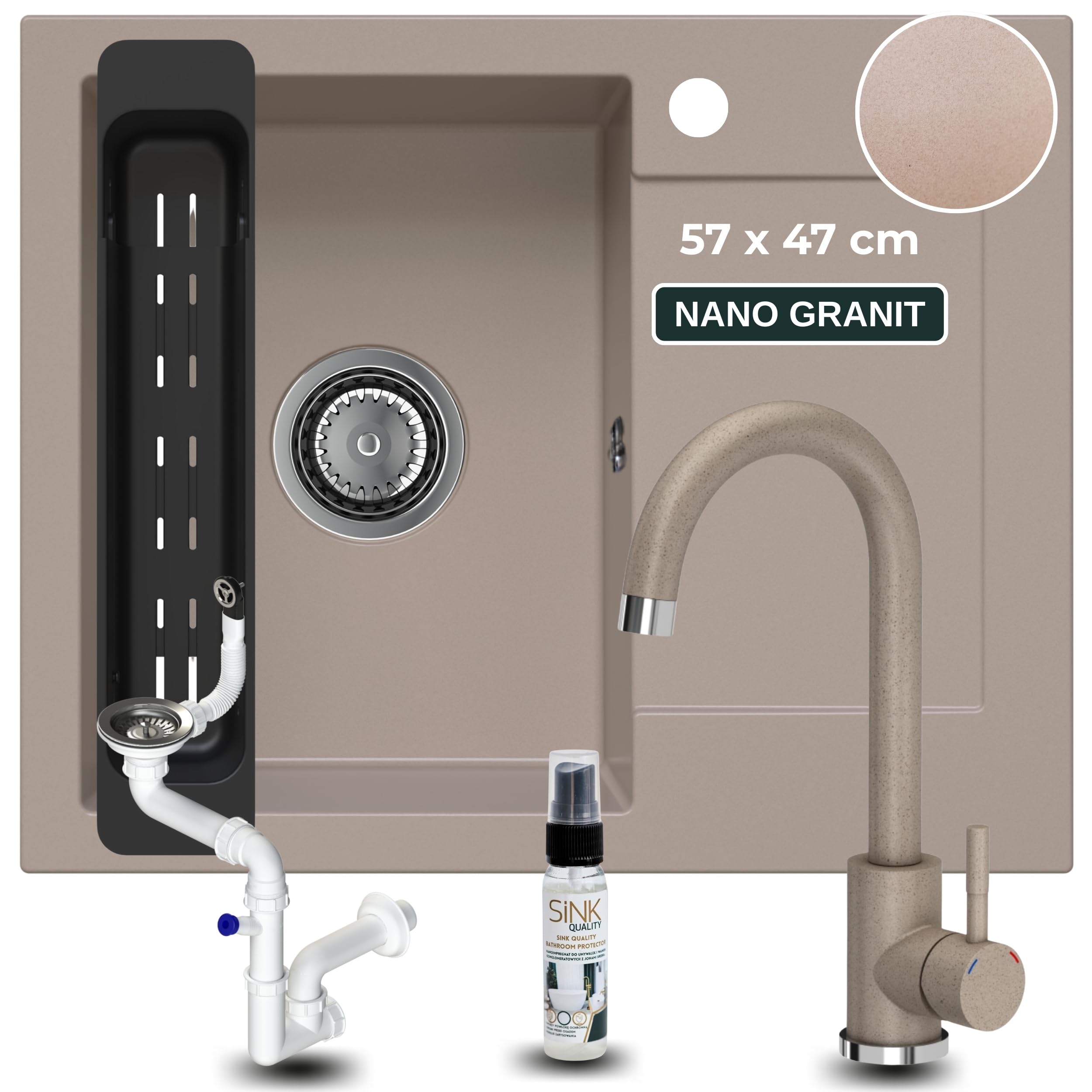 SINK QUALITY zlewozmywak granitowy beżowy z armaturą 58 x 47 - zlewozmywak z syfonem i środkiem impregnującym - zlewozmywak kuchenny beżowy z ociekaczem do szafki pod umywalkę 50