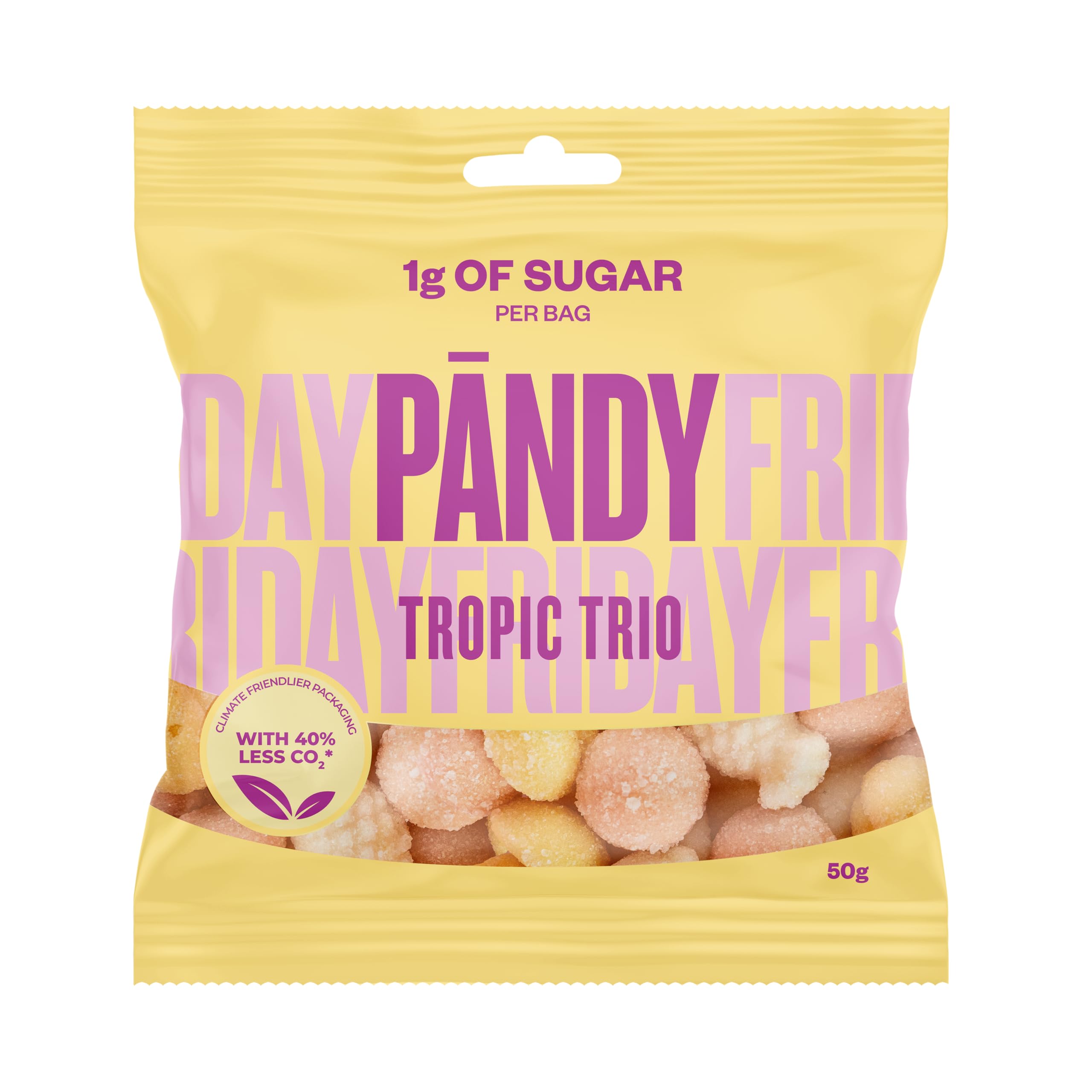PANDY Candy Tropic Trio Sweets, Pineapple, Passion Fruit & Mango Flavour, 50g Pack, Only 1g Sugar & 80 Calories