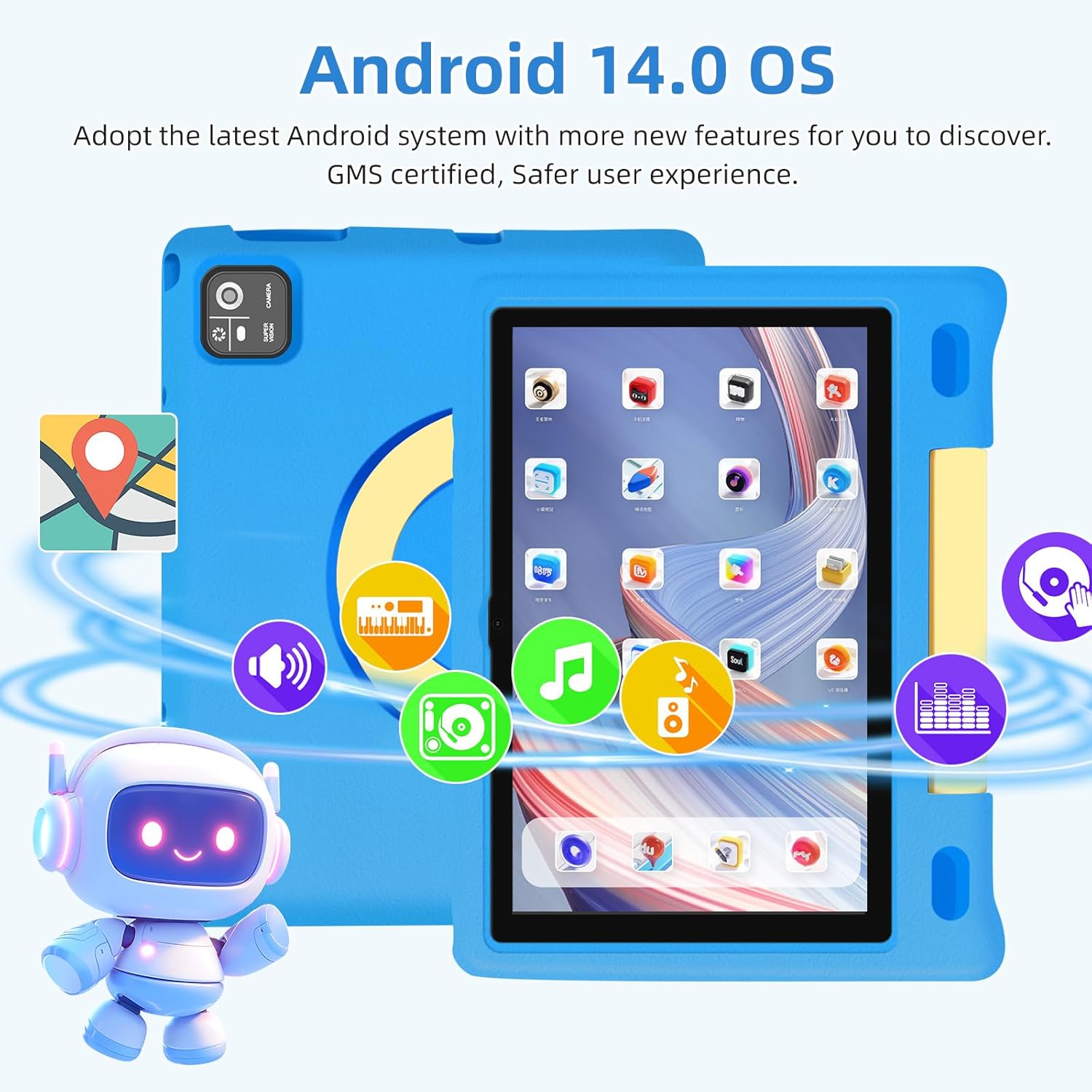 NRKDUBQ Tablet for Kids 10.1 inch IPS HD Touchscreen Android 15 64 GB Storage, 8GB RAM, Octa-Core Kids Tablets, Parental Controls, 12-hr Battery, WiFi, GPS - Blue