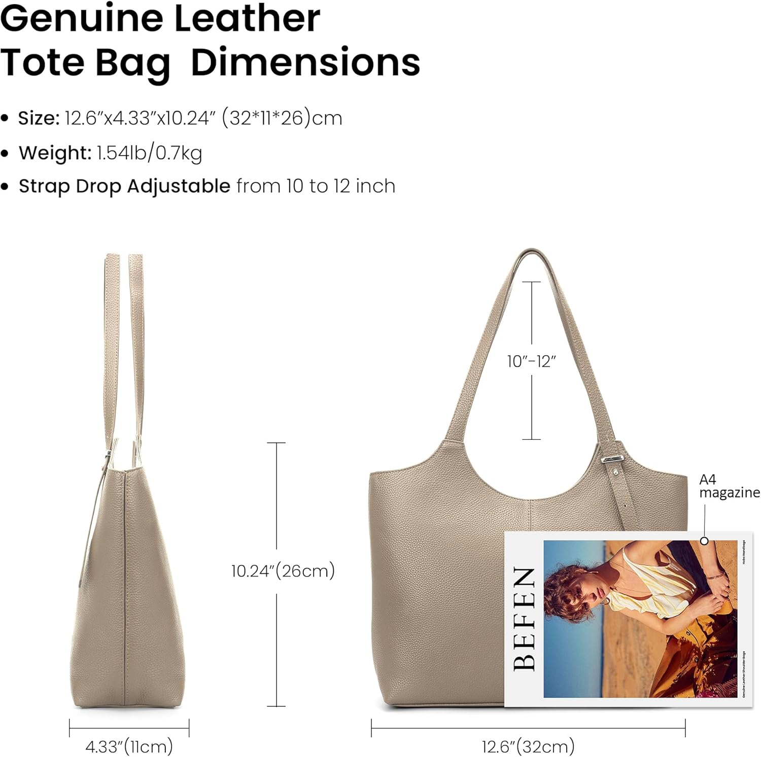 befen Genuine Leather Tote Bags for Women, Real Leather Shoulder Handbags Satchel Purses with Adjustable Strap - Image 5