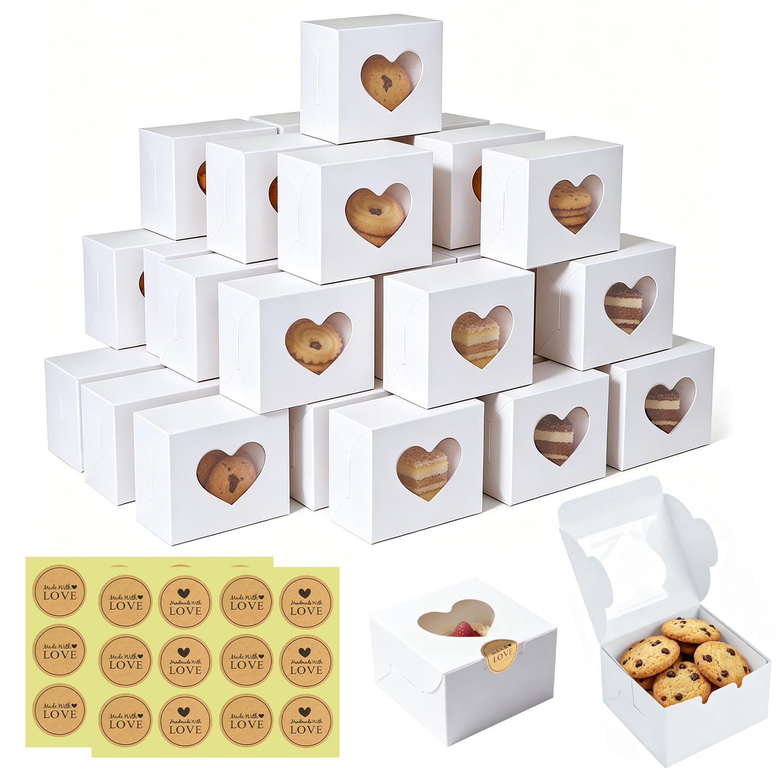 ZUYIST 24 Packs Mini Cake Gift Boxes,Bakery Boxes with Window for Cookies Candy Macaron Treats Gifts,Individual Cupcake Boxes with 24 Stickers for Party,Wedding,Christmas,Halloween (4x4x2.5 inch),Whit