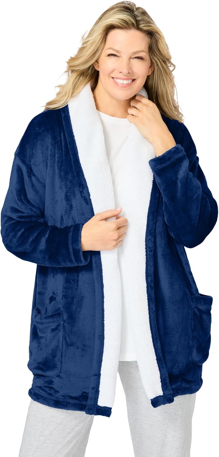 Dreams & Co. Plus Size Sherpa Lined Collar Microfleece Bed Jacket
