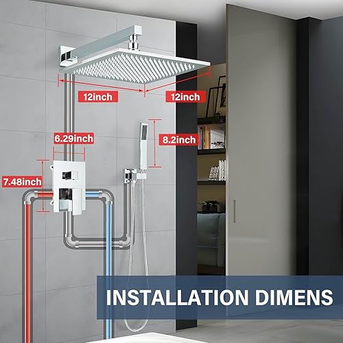 Miniatura 7 de Cabezal de ducha LED de 12 pulgadas con cabezal de ducha de mano de latón, juego de grifos de ducha de lujo, juego completo de ducha combinado de