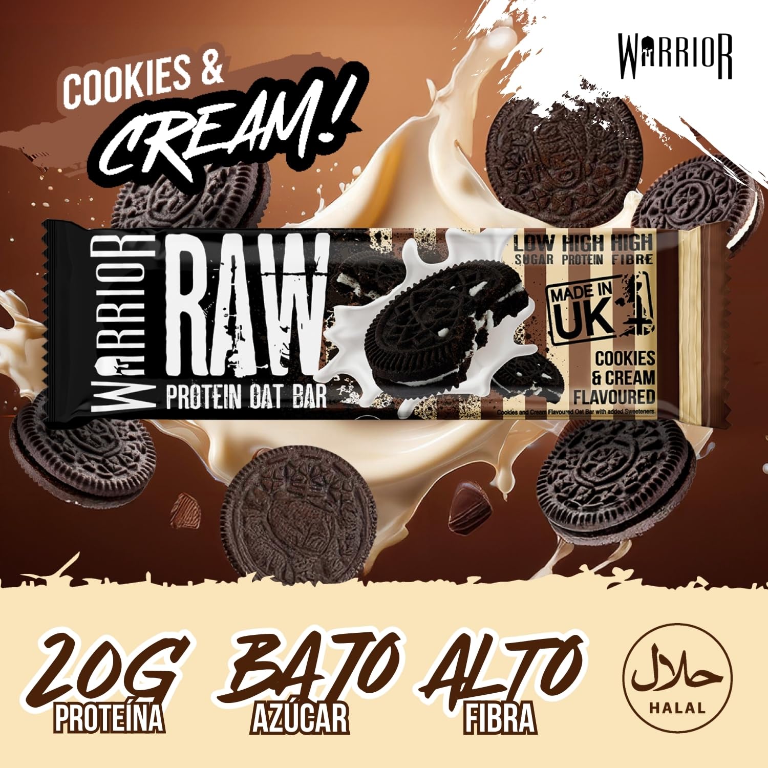 Warrior RAW Flapjack 20 g de Proteína – Pack de 12 x 75 g – Avena Alta en Fibra y Baja en Azúcar – Snack Saludable y Energético (Galletas y crema)
