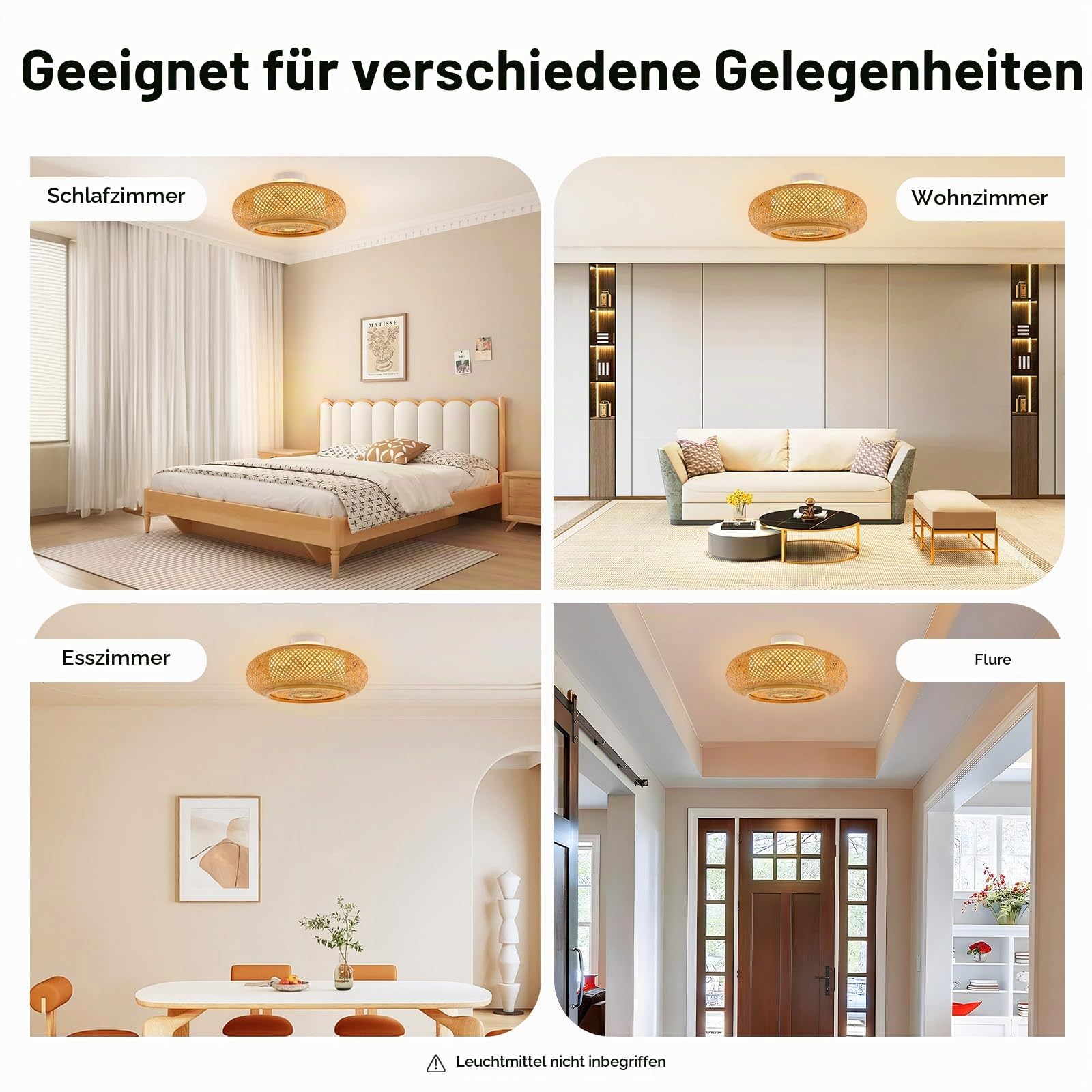 Bambus Deckenleuchte LED, Rattan Lampe mit Fernbedienung, Dimmbare Deckenlampe – Handgewebte Naturfaser Pendelleuchte E27 40W, Kronleuchter für Wohnzimmer, Schlafzimmer, Flur, Küche (40cm, Gelb)