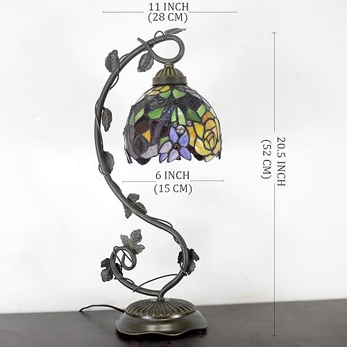 Miniatura 4 de WERFACTORY Tiffany - Lámpara de mesa estilo rosa roja, luz de escritorio de lectura con base de hoja de metal, 6 x 10 x 21 pulgadas, decoración de