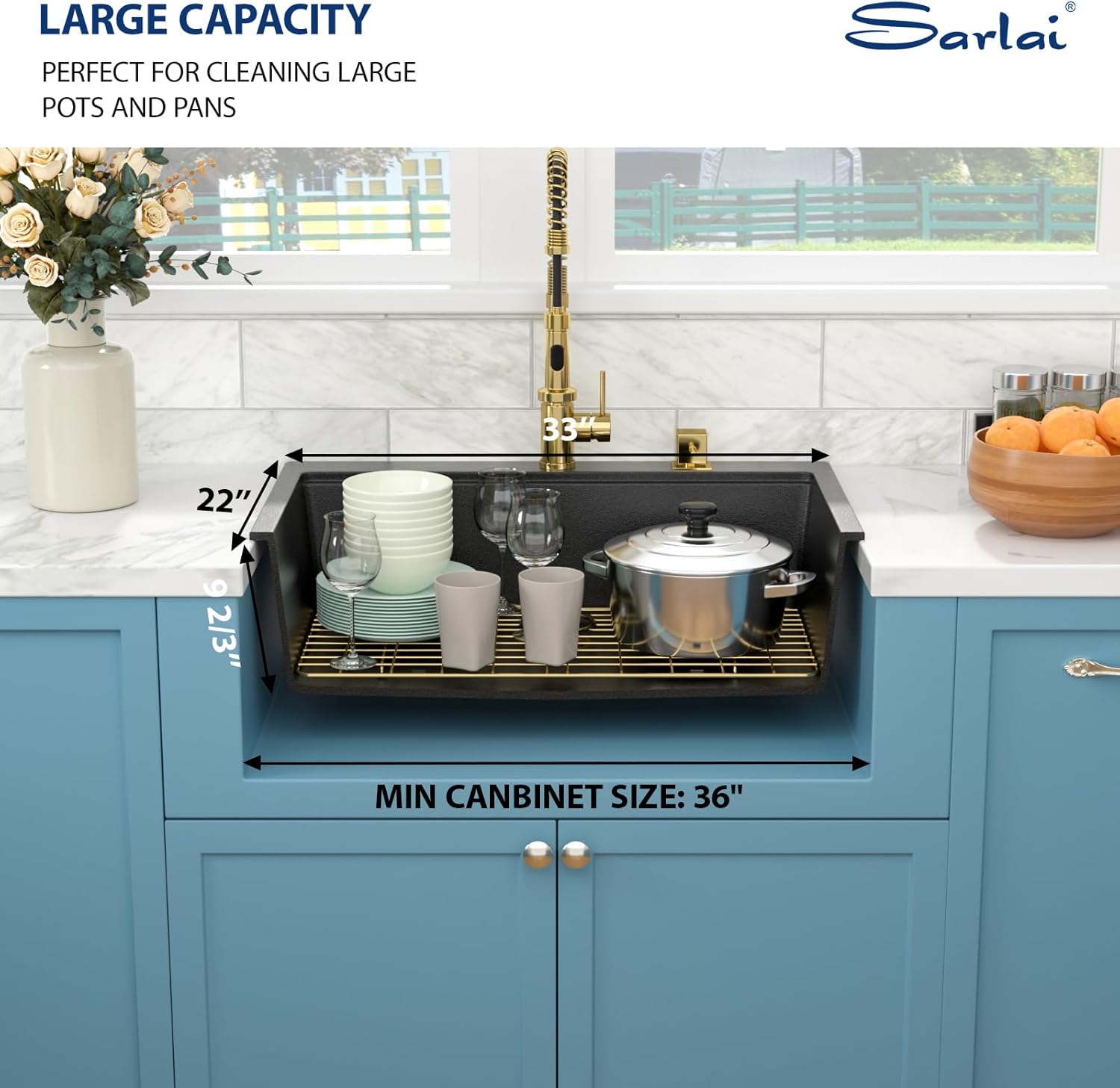 Sarlai 33 Granite Composite Black Kitchen Sink - 33"x22" Drop In Kitchen Sink Ledge Workstation Black Granite Quartz Composite Top-Mount Single Bowl Sinks Basin with Gold Accessories