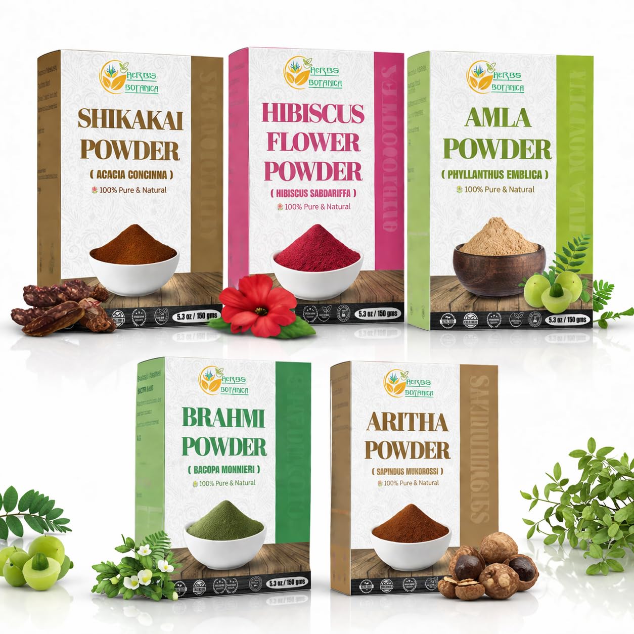 Herbs Botanica Kräuter-Haarmasken-Kombination Brahmi, Reetha (Aritha), Shikakai, Hibiskus, Amla-Pulver, 150 ml, insgesamt 0,7 kg, für Haarwachstum, Kopfhaut Gesundheit