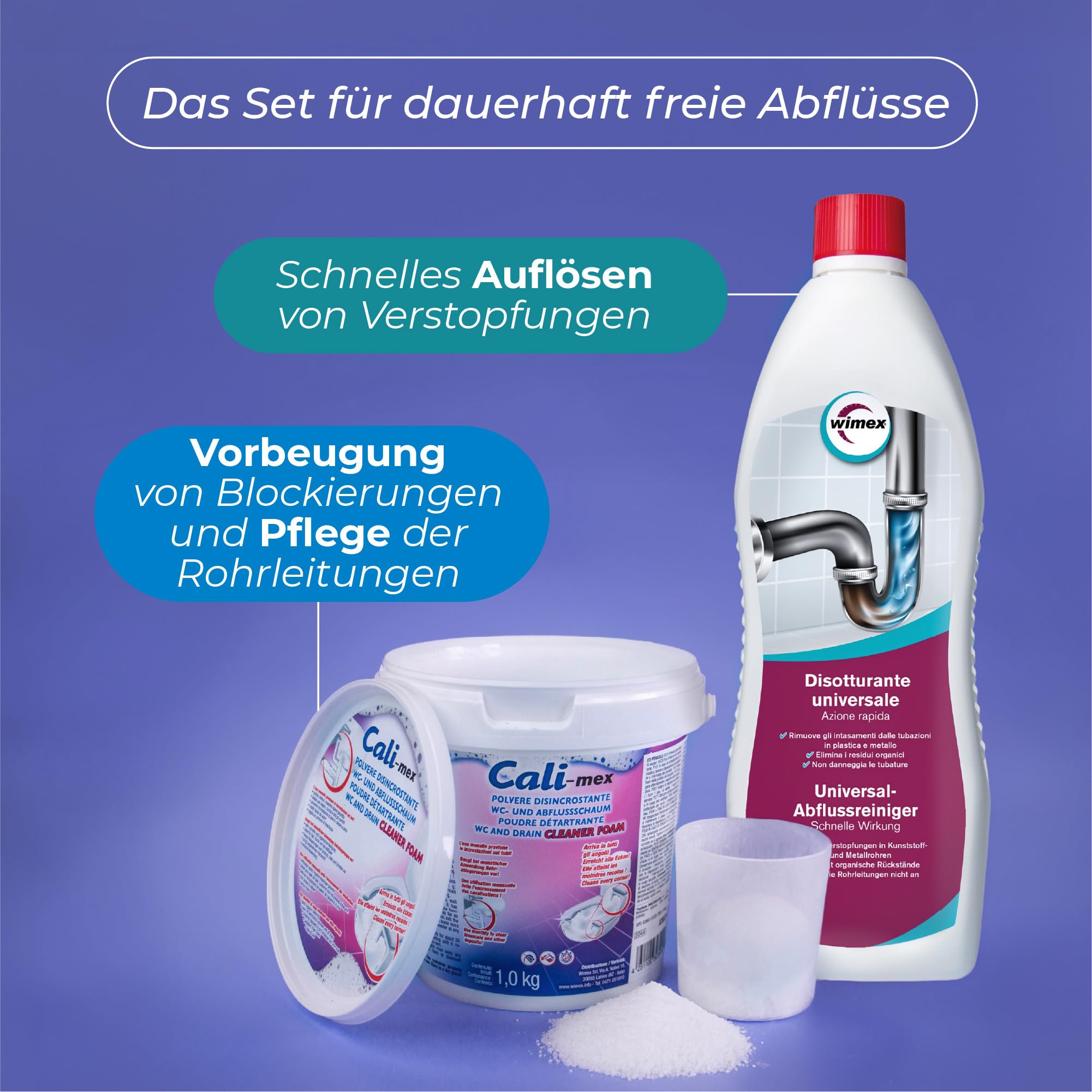 Wimex Cali-mex Reinigungs- und Wartungs-Set für Siphons und Rohrleitungen in Bad und Küche, (AMZ-2914)