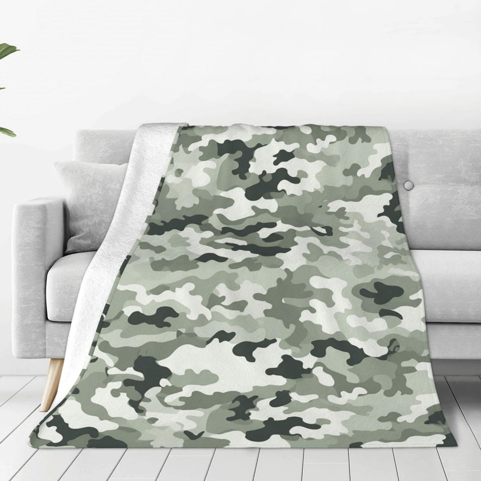 White Camouflage Throw Blanket for Couch, Plush Fuzzy Soft Flannel Blankets and Throws for Sofa, 60"x50" Bed Blankets for Travel Camping Chair, All Season Warm Fleece Blanket