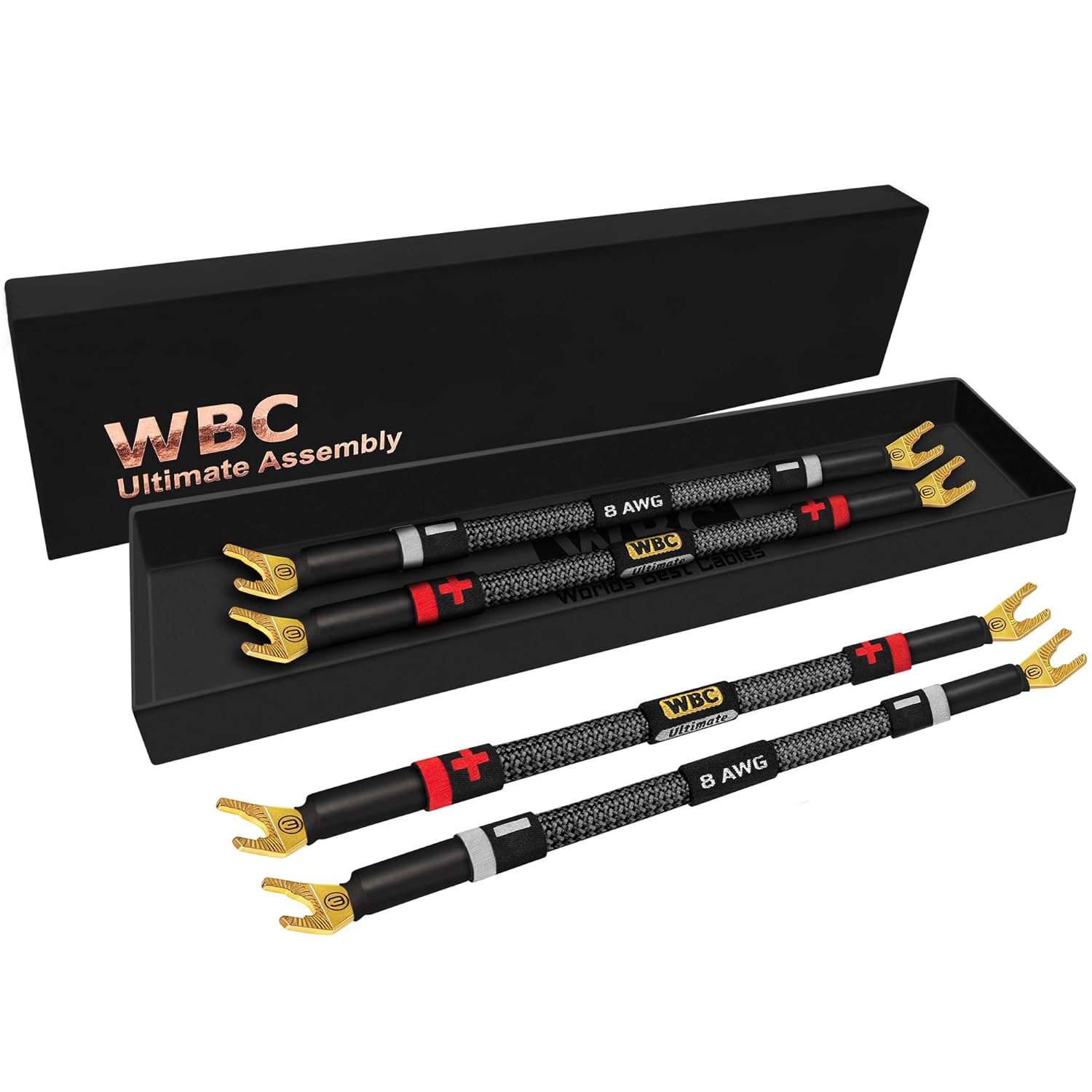 WORLDS BEST CABLES 4 Units – 8 Inch Ultimate – 8 AWG – Ultra-Pure OFC – Premium Audiophile HiFi Speaker Jumper Cables with Eminence Gold Spade Plugs & Carbon Tweed Jacket
