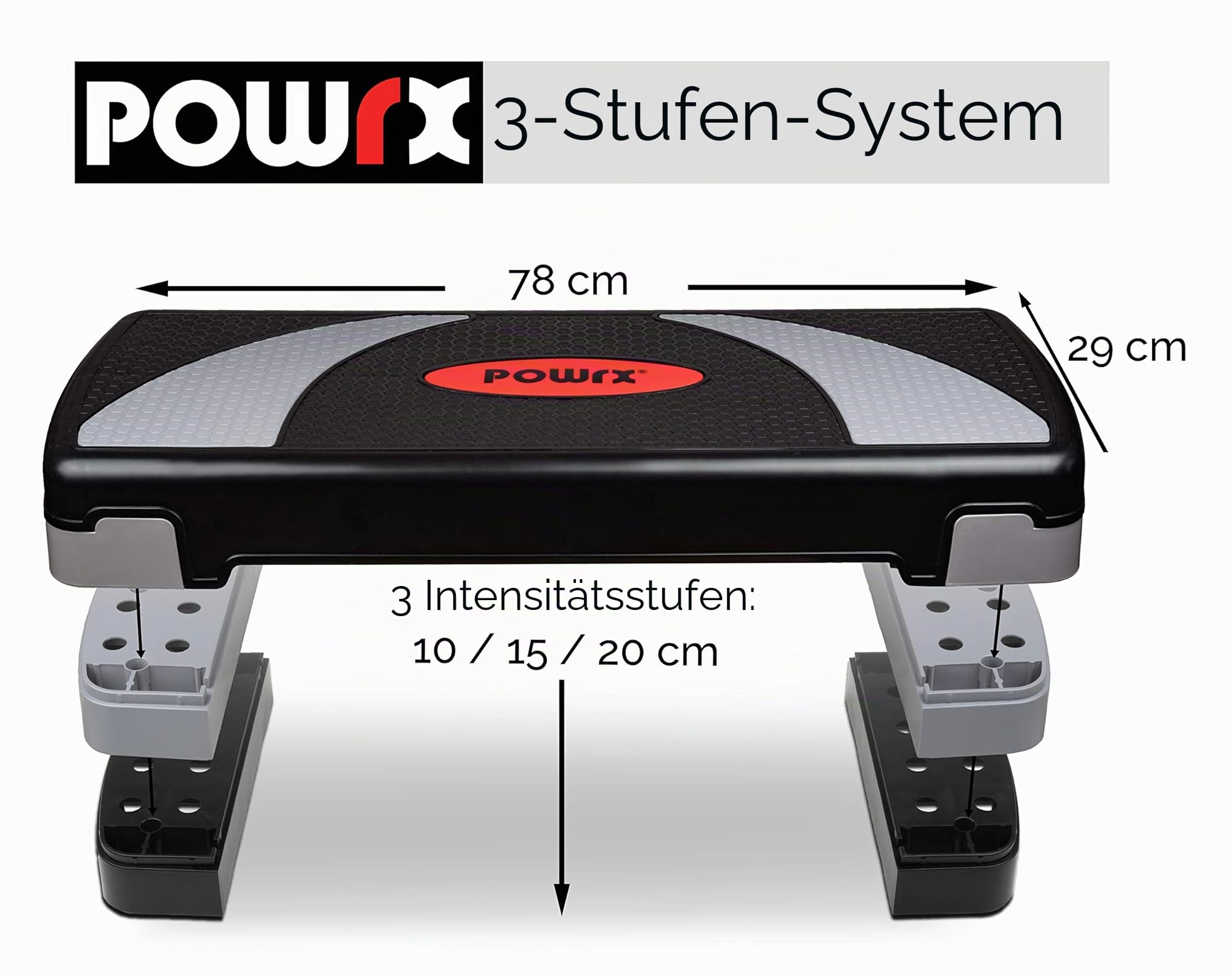 POWRX Steppbrett XL Premium extra groß inkl. Workout I Hometrainer 3-Stufen höhenverstellbar I Home-Stepper für zuhause Stepbench Gym Aerobic Steppbank aerobic brett